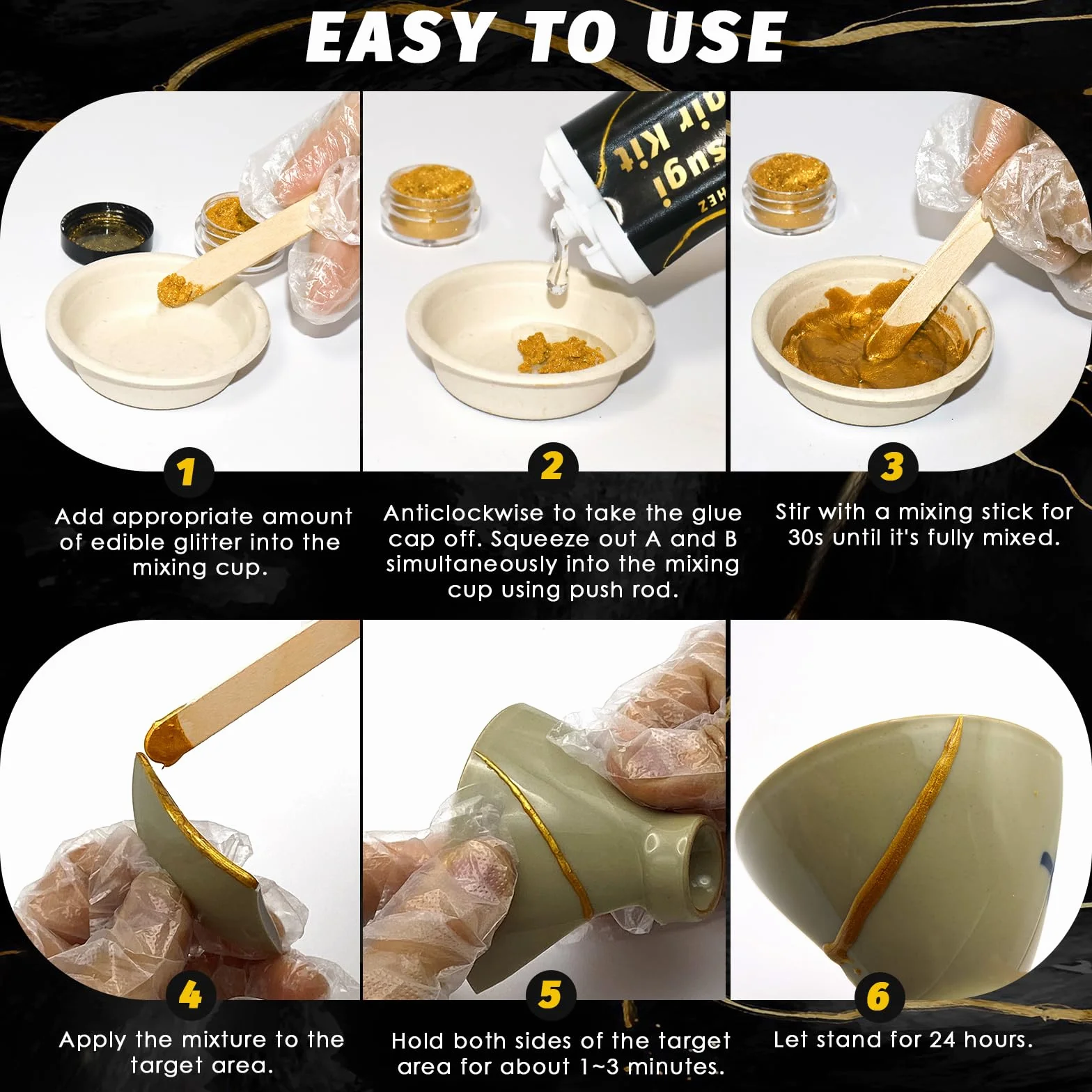 Kit di Riparazione Kintsugi 50ml - Colla Alimentare Oro per Porcellana e Ceramica | Set di Riparazione Oro Adatto per Ceramica, Porcellana, Vetro, Giada e Sculture