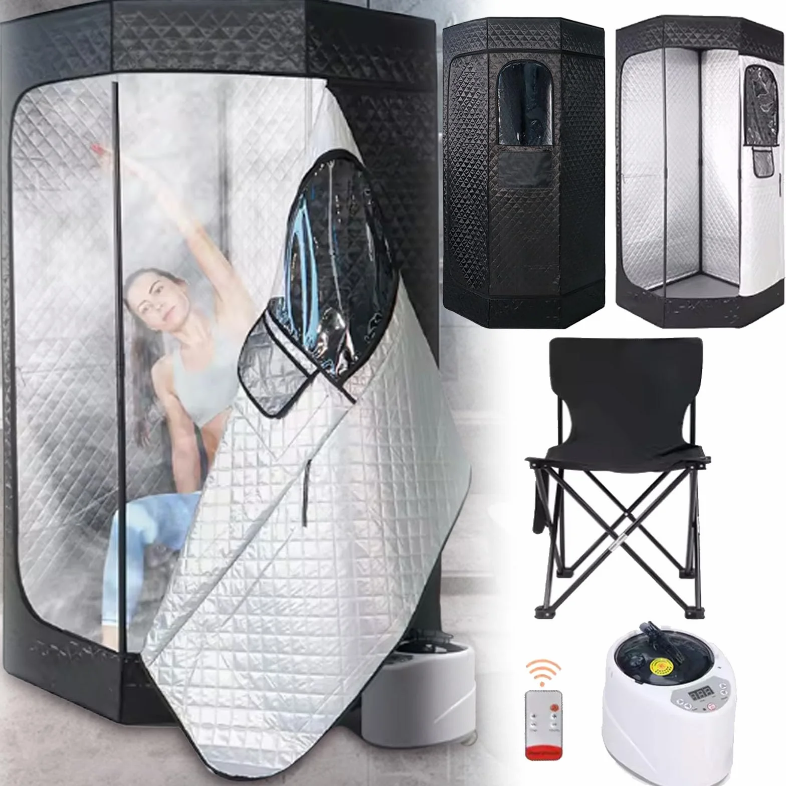 Sauna Tenda Sauna, Generatore Vapore Per Cabina Sauna 1200W Casa All'Aperto Tenda Sauna Portatile Timer E 9 Livelli Temperatura Con Sauna Vapore Pentola 3L Sedia Pieghevole Con Telecomando 180cm(H)