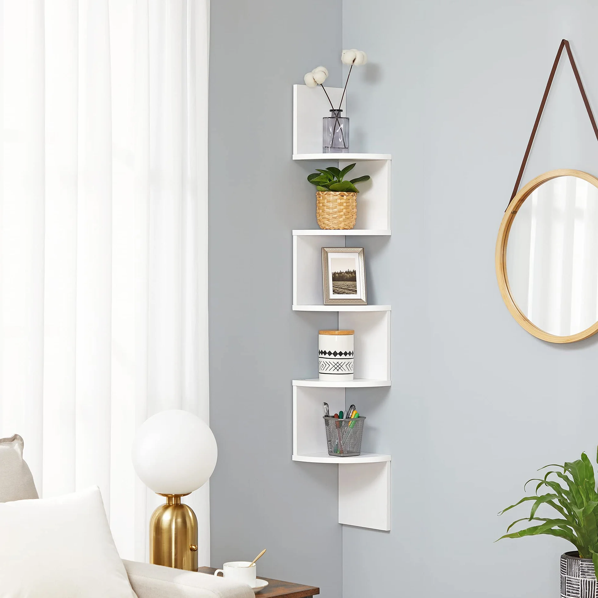 VASAGLE Libreria Angolare, Mensola Angolare da Muro, Scaffale da Parete a 5 Ripiani, 126 x 20 cm, in Camera da Letto Soggiorno Bagno Studio, Porta Piante, Bianco Nuvola LBC20WT