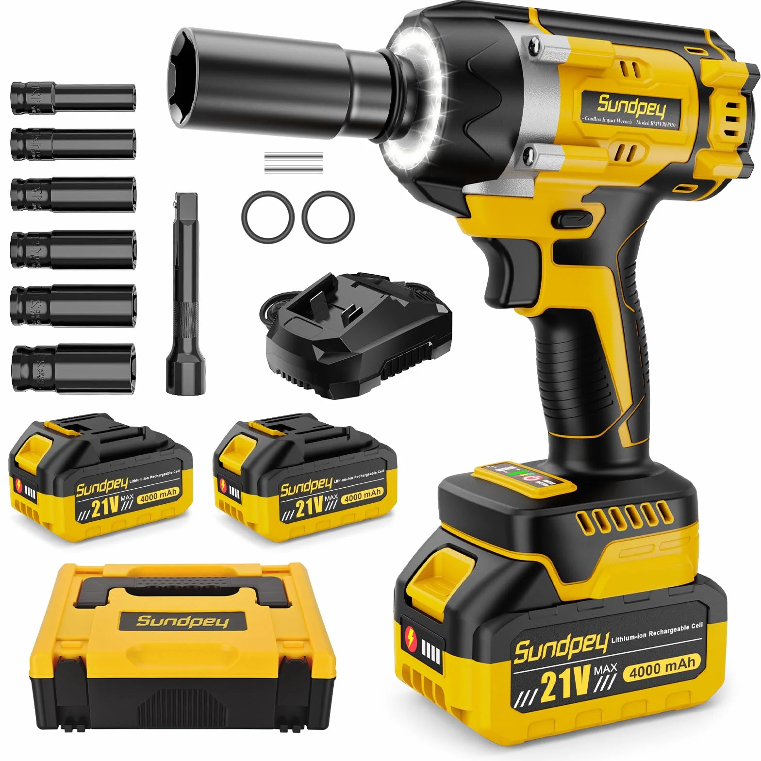 Avvitatore a Impulsi a Batteria 700 Nm 1/2" Brushless 21V con 2 Batterie 4,0 Ah 6 Bussoli Anello LED