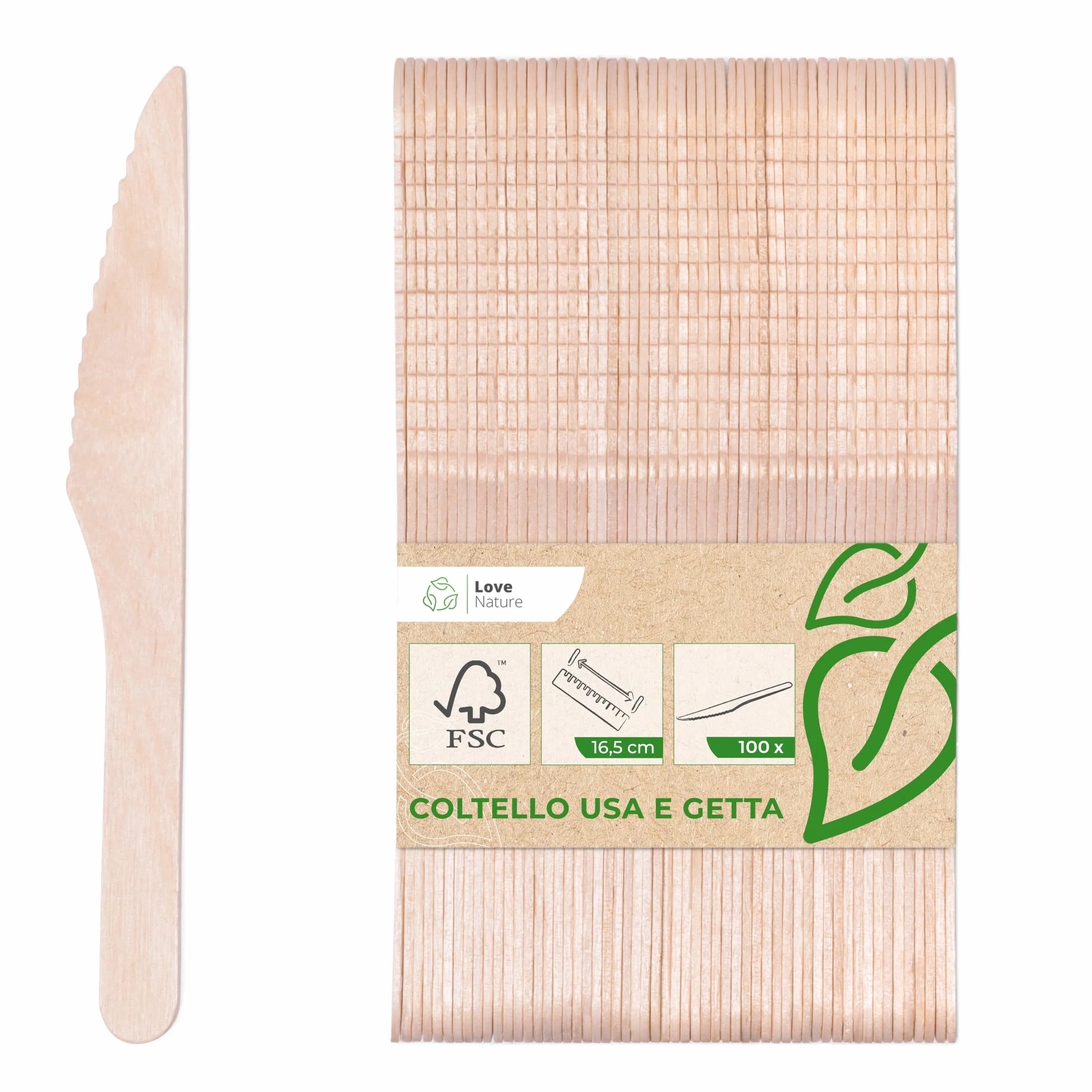 Love Nature Posate Usa e Getta 100 Pezzi Coltello Legno Biodegradabili per Feste Picnic