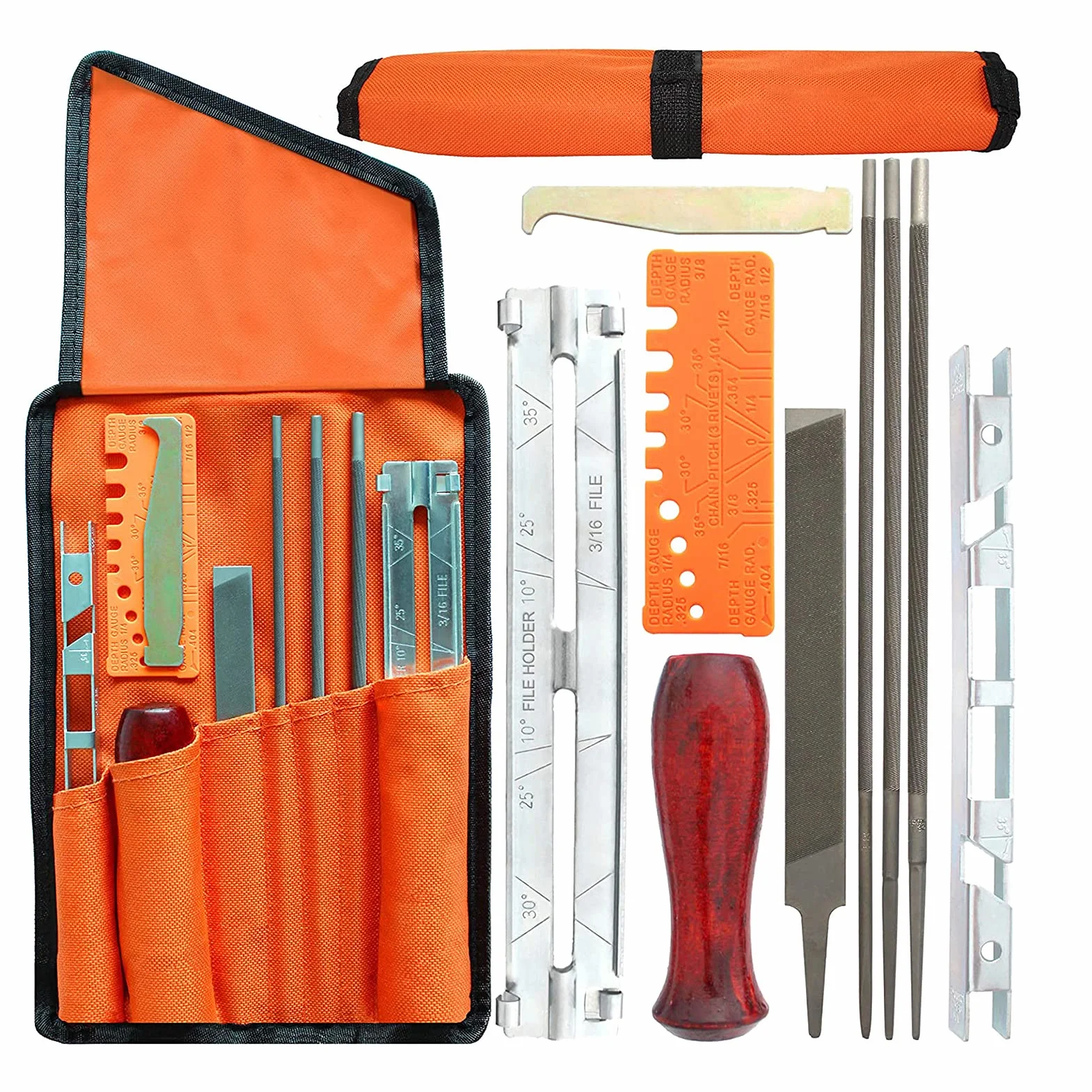 Kit di Lime per Affilare le Motoseghe, 10x Lima Universale per Catene, Strumenti Abrasivi, Con Lima Rotonda 5/32“ 3/16” 7/32” + Piatta + Impugnatura + Calibro di Controllo, per Tutte Le Motoseghe