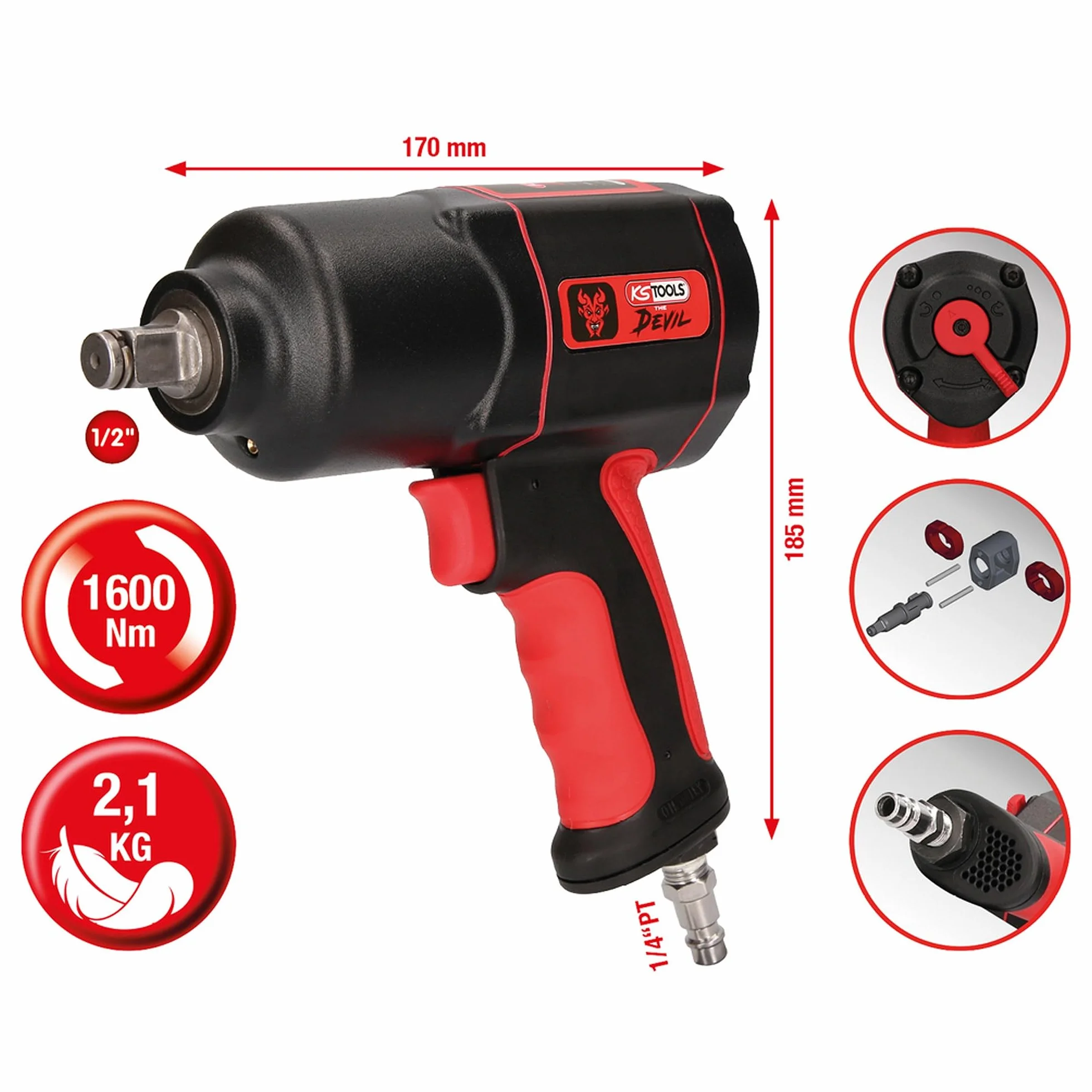 KS Tools 515.1200 1/2" Avvitatore ad impulsi pneumatico THE DEVIL 1.600 Nm