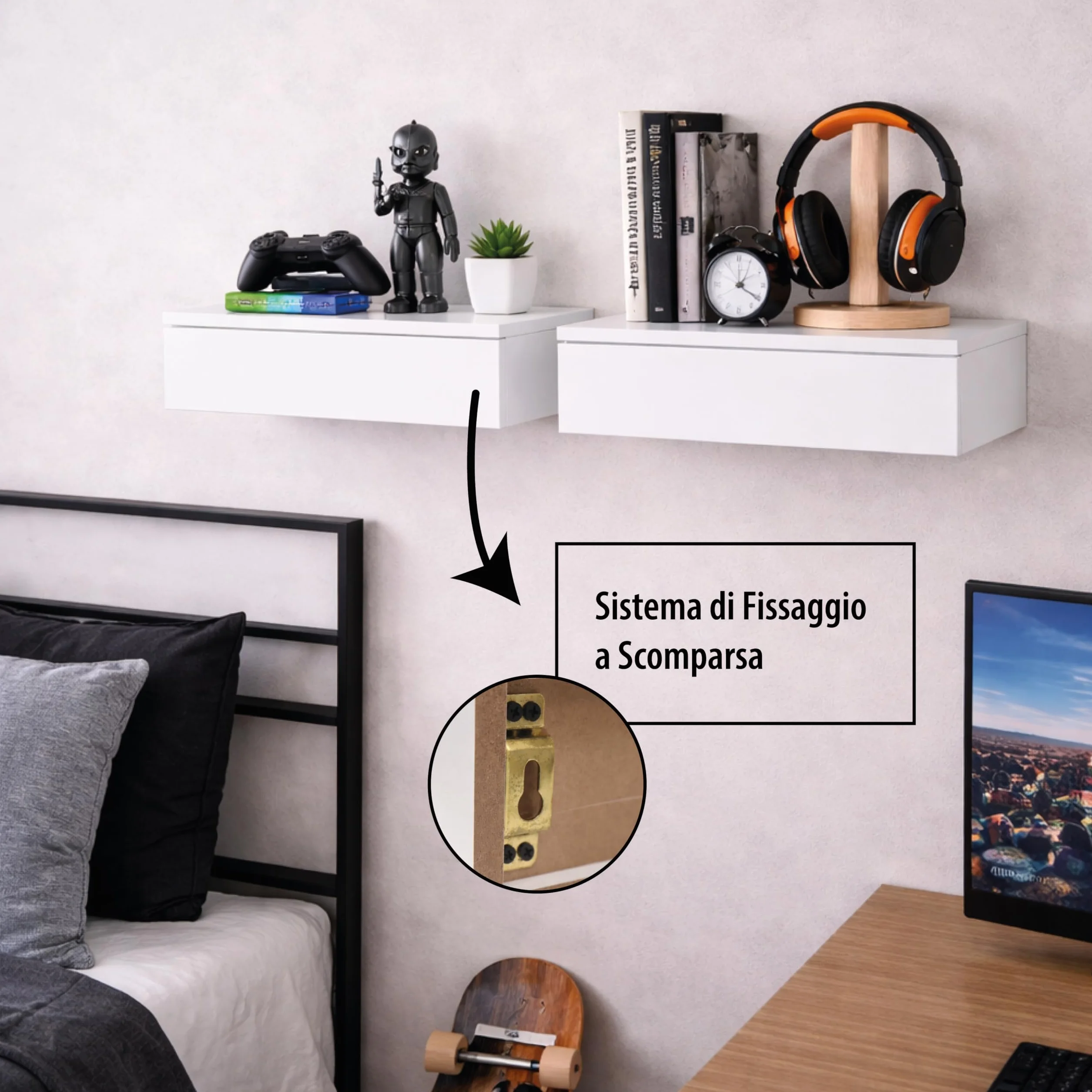 Mensola a Parete con Cassetto Integrato - in Legno, Sospeso, Design Moderno, Versatile, Salvaspazio, per Soggiorno, Ingresso, Camera da letto, Portata 5Kg - 40X24X10h CM (Bianco)