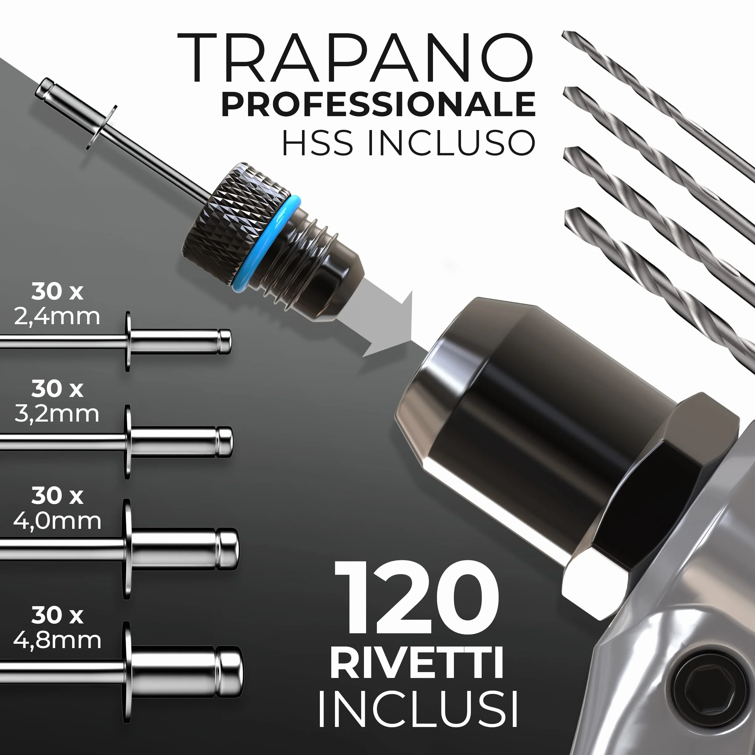 KLRStec Pinze professionali per rivetti inclusi 120 rivetti 4 perforatori HSS Tenaglia per rivetti a strappo
