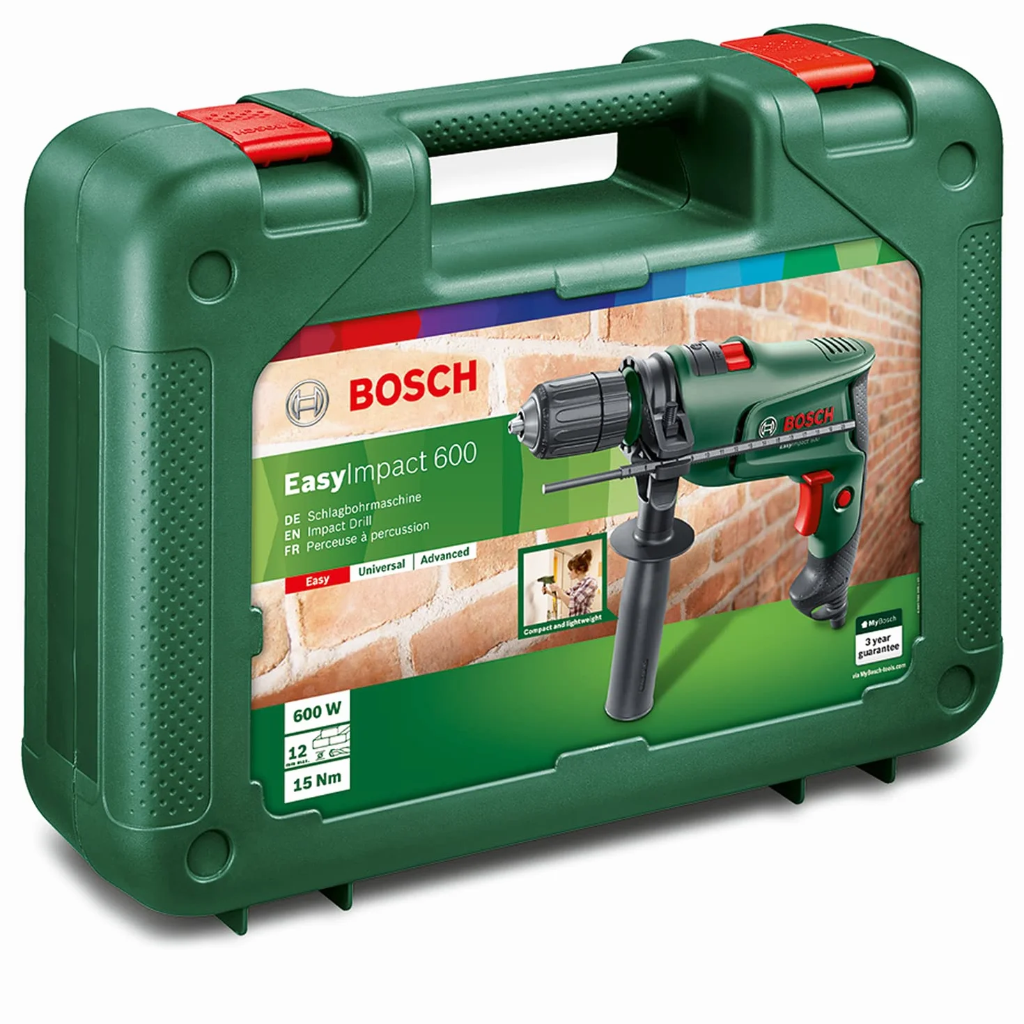 Bosch Home and Garden Bosch Trapano Elettrico a Percussione EasyImpact 600 (600 W, in Valigetta), Verde, 1/2 pollice