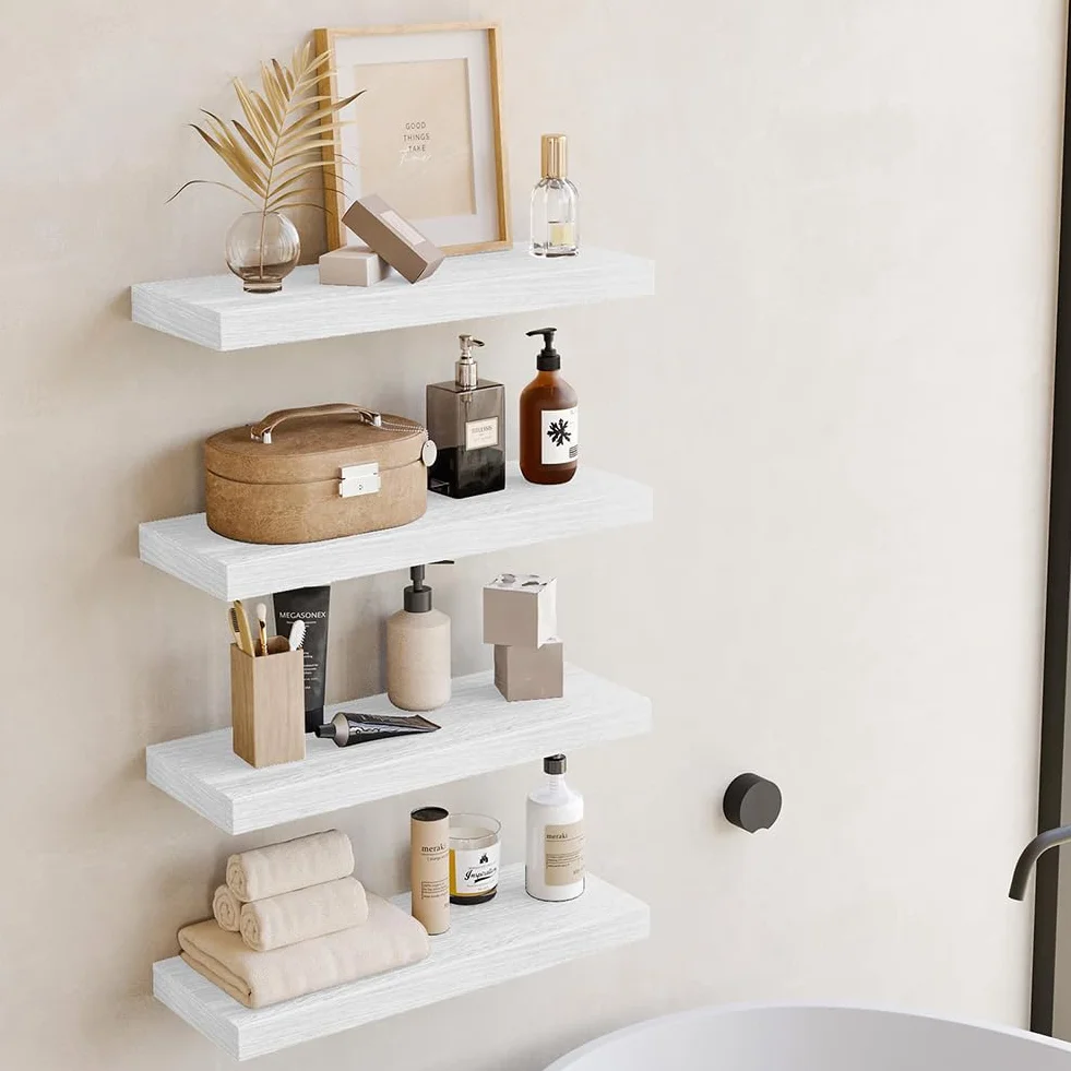 BAKAJI Set 4 Mensole da Parete in Legno Massiccio, Scaffali a Muro Multiuso con Staffe a Scomparsa in Metallo, Scaffalatura per Camera da Letto, Soggiorno, Cucina, Bagno, 40 x 14 x 3 cm (Bianco)
