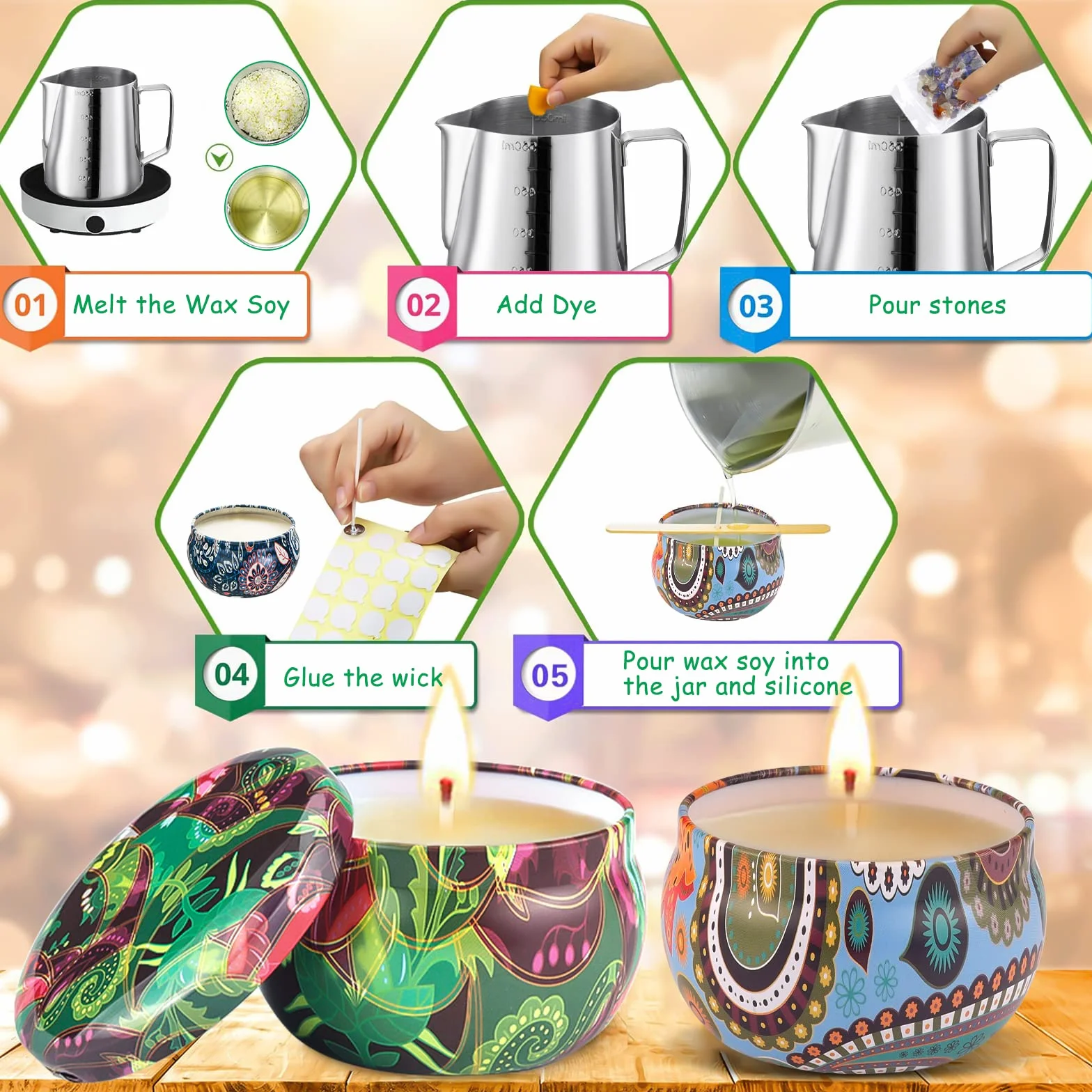 Kit di produzione di candele di cera fai da te, candele fai da te, kit fabbricazione candele profumate, 50 stoppini di candela, 1 vaso di fabbricazione, 8 scatole di vasi, 56 adesivi per