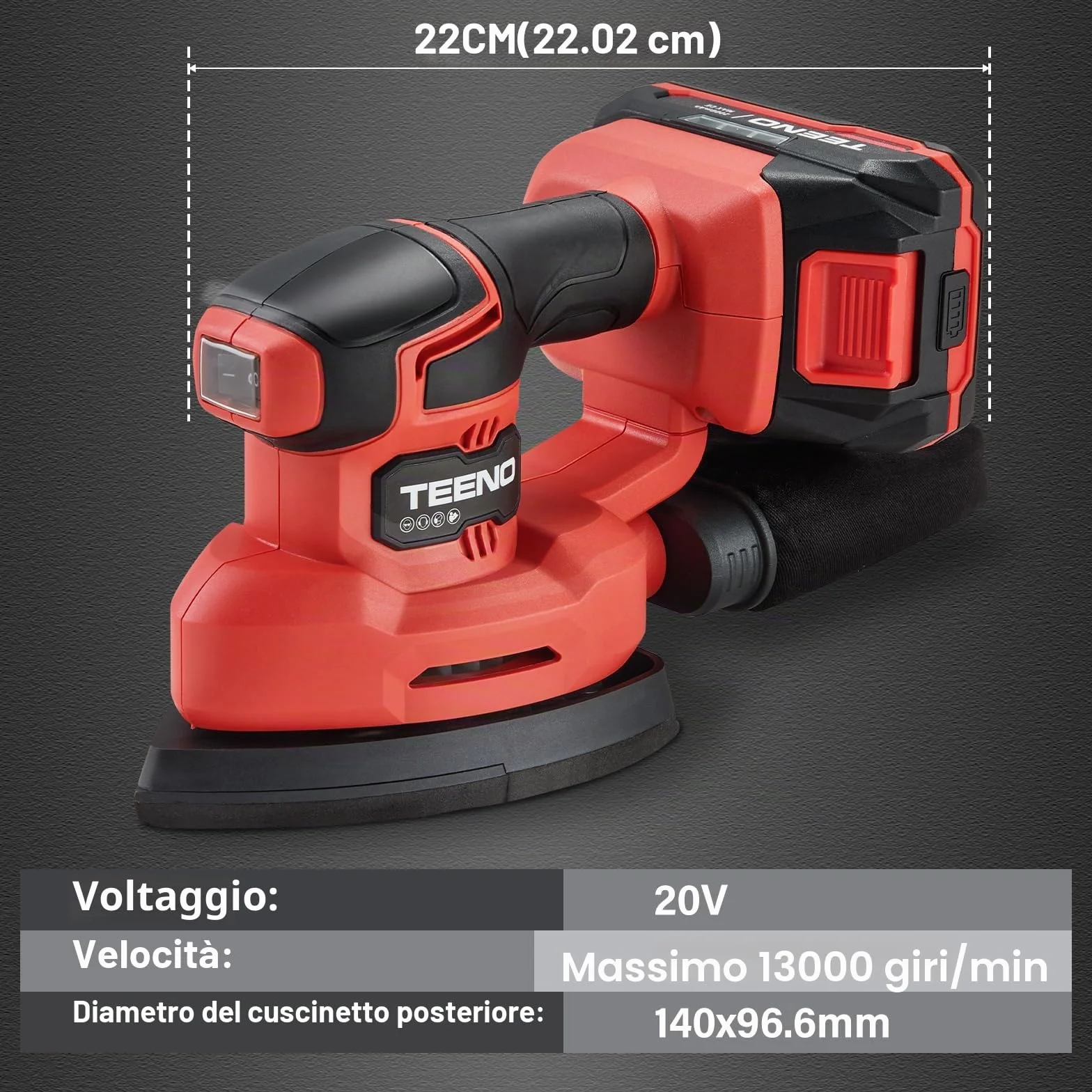 TEENO Levigatrice Senza Fili 3 in 1 20V 2Ah 13000 giri/min con Batteria e Sacchetto Polvere