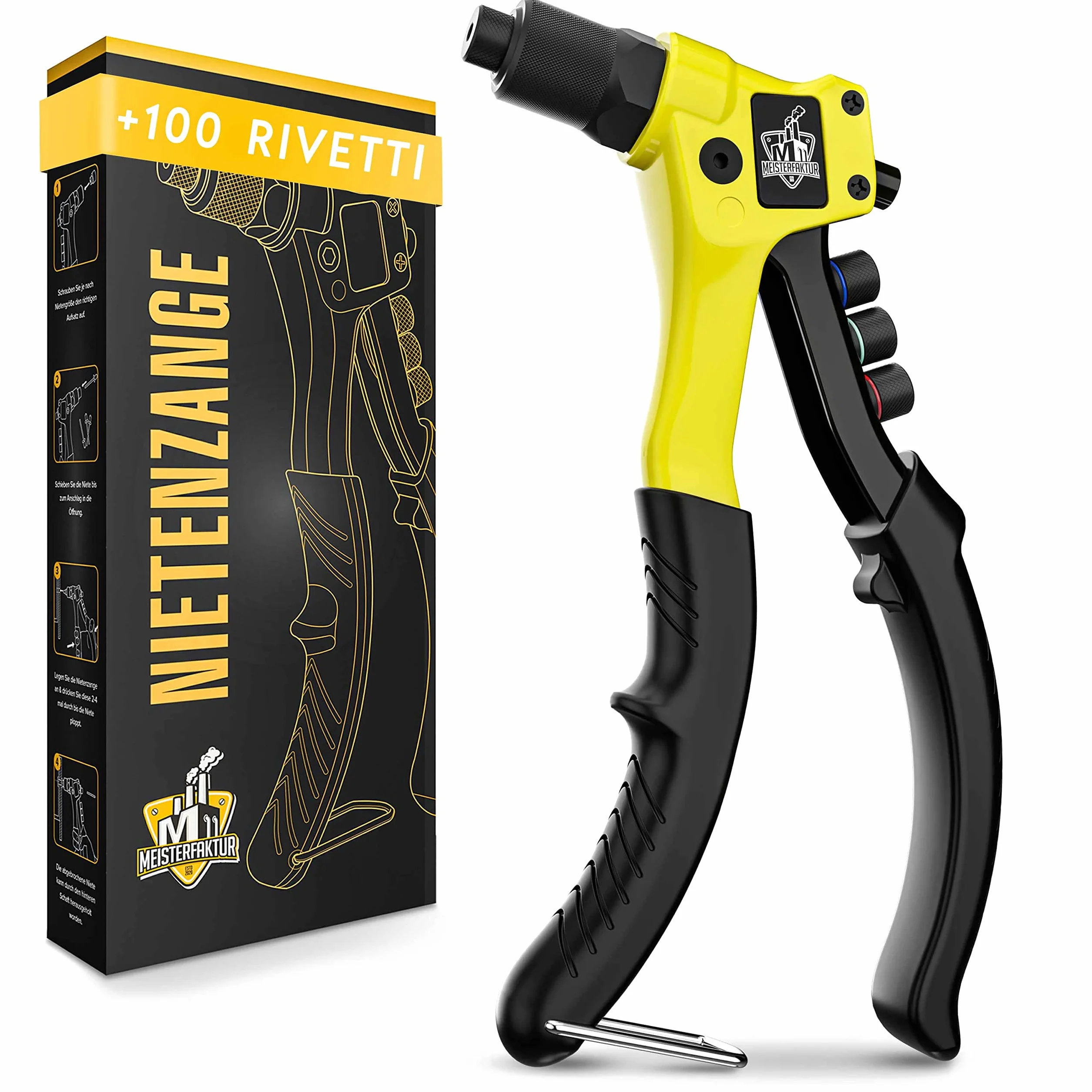Meisterfaktur Rivettatrice per inserti filettati- Minimo sforzo - Robusta rivettatrice manuale con 100 rivetti - Moderna rivettatrice professionale con impugnatura ergonomica per veri artigiani!