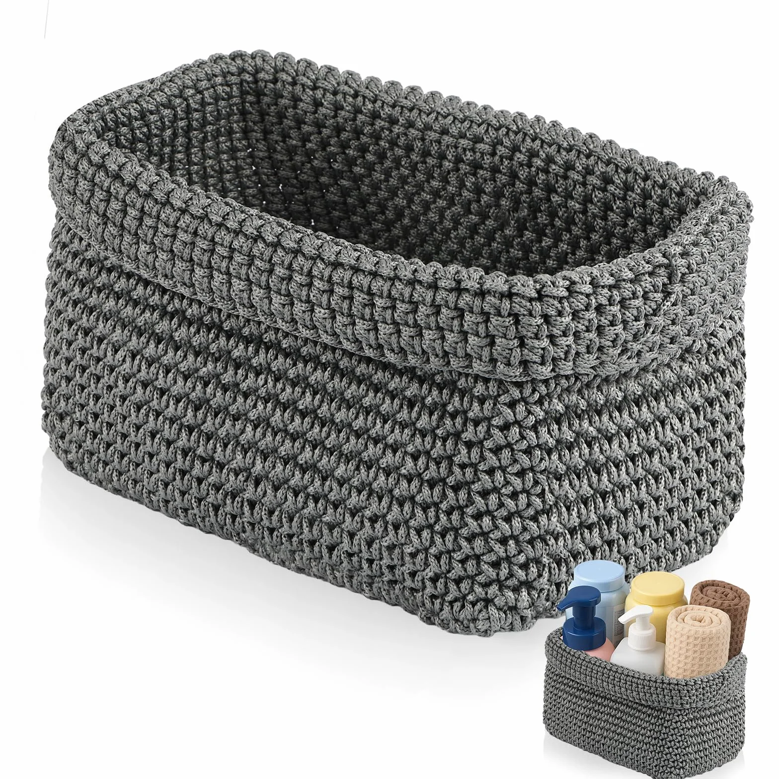 Neerow Cesto portaoggetti grigio intrecciato a mano in corda di cotone, elegante cestino per la decorazione del bagno, cestino per asciugamani per asciugamani, cosmetici, giocattoli e libri (21 × 13 ×