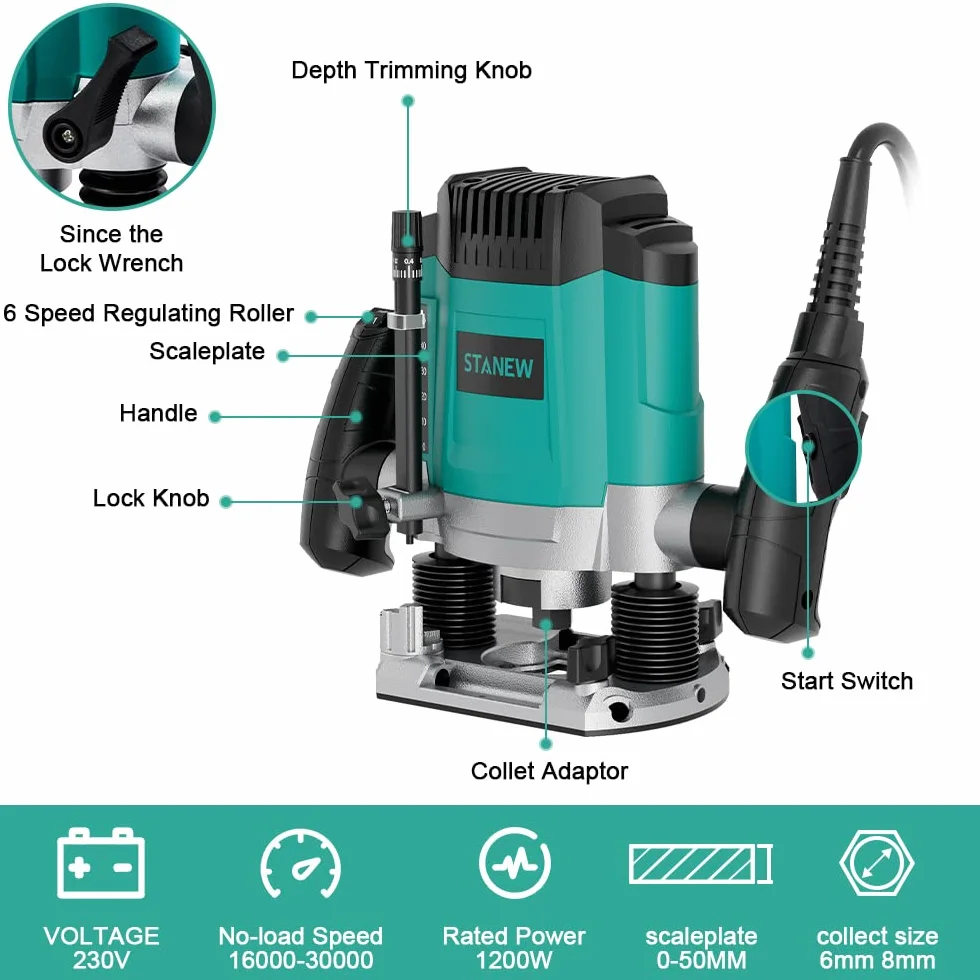 Fresatrice Verticale Elettrica 1200 W 16000-30000 RPM STANEW, Fresatrice per Legno Multifunzionale con Set di 12 frese,6 Velocità, Regolazione Della Profondità Della Fresa.
