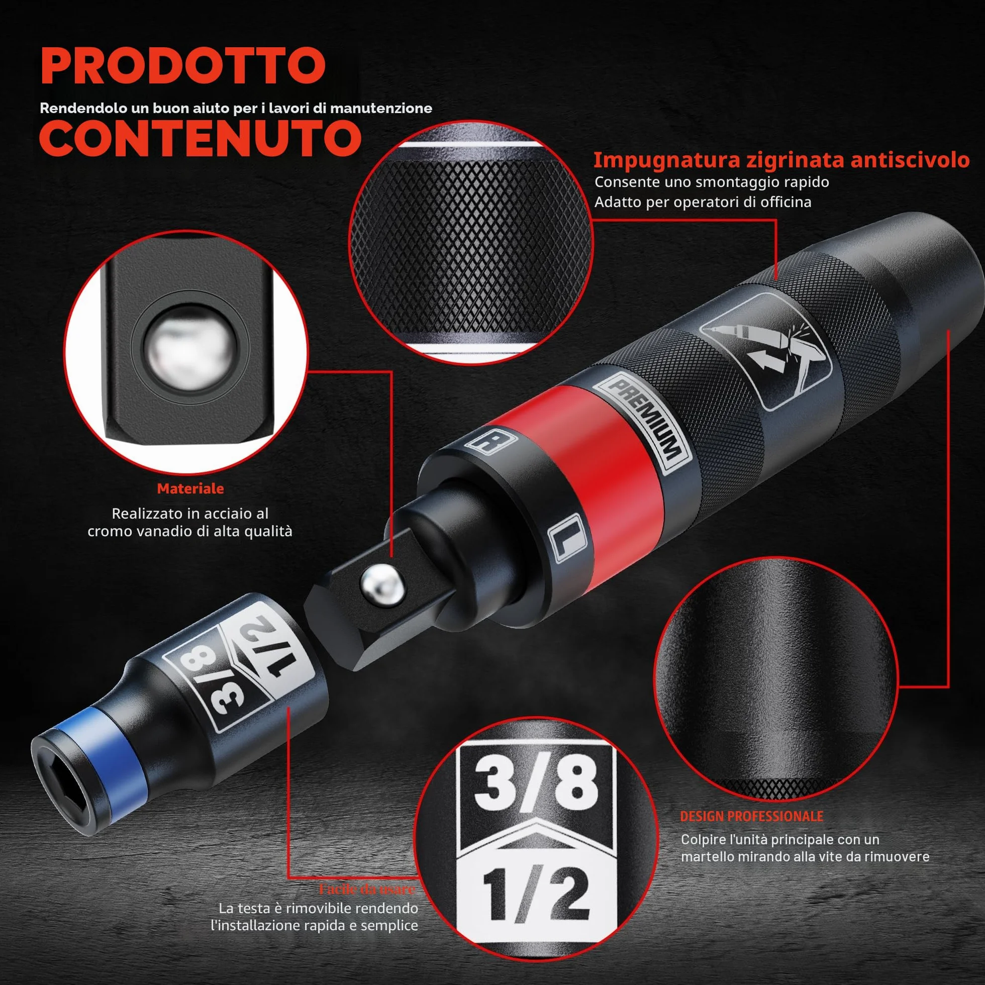 Cacciavite a Impatto 1/2", Cacciavite a Percussione Manuale, Strumento di Riparazione, Rimozione di Dadi e Viti Arrugginite, 13 pezzi