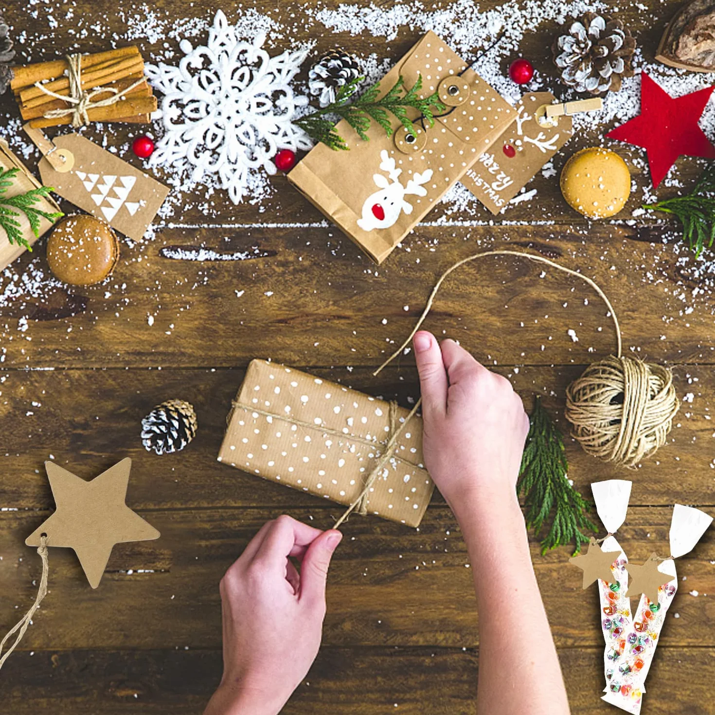 Sacchetti Cellophane Trasparenti per Alimenti 32 X 7 cm 100 Pezzi Bustine OPP Plastica con Etichette Regalo in Carta Kraft 20 Metri di Spago di Iuta per Caramelle Candele Gioielli