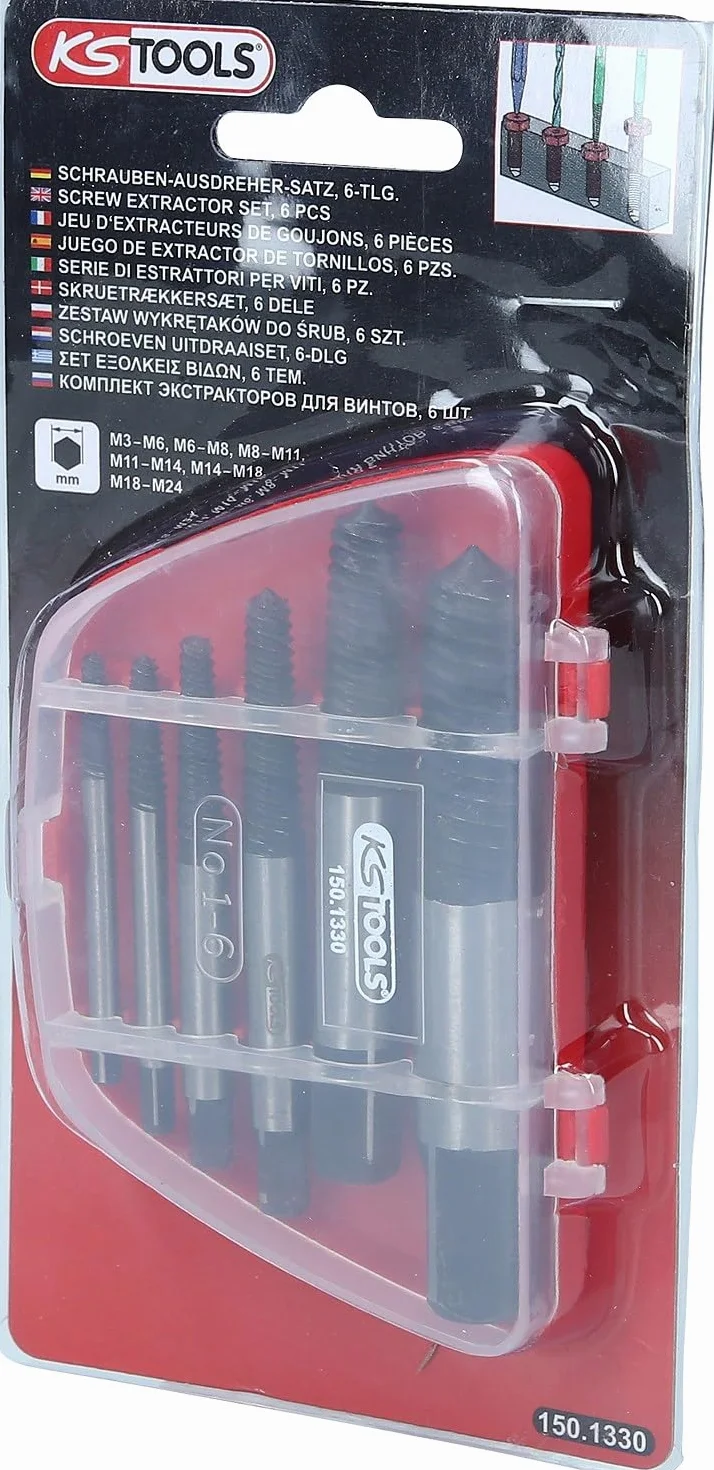 KS Tools 150.1330 Serie di Estrattori per Viti, 6 Pezzi, M3 - M18.in Astuccio di Plastica