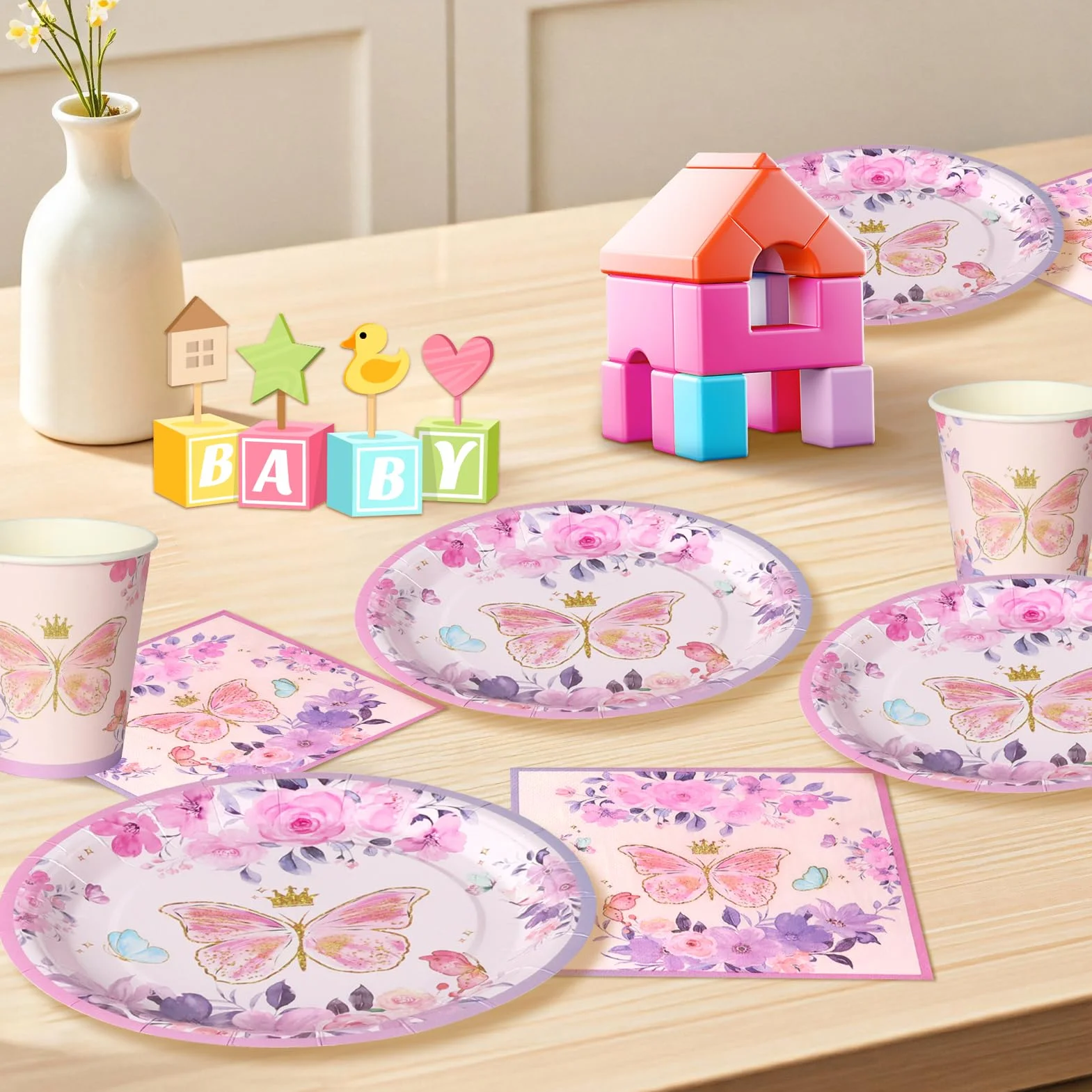 Set 52 pezzi tema farfalle lavanda piatti bicchieri tovaglioli decorazione compleanno motivi floreali 16 ospiti