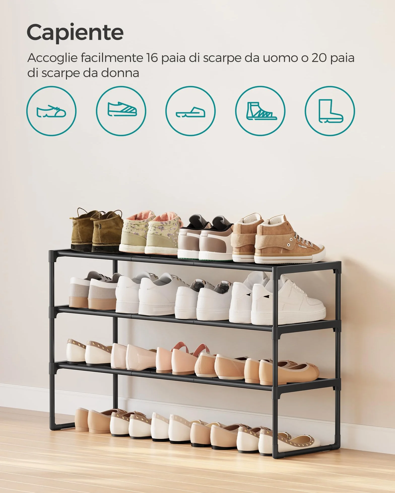 SONGMICS Scarpiera 3 Ripiani Portascarpe Metallo 16-20 Paia Scarpe 30x92x55 cm Nero LSA303B02