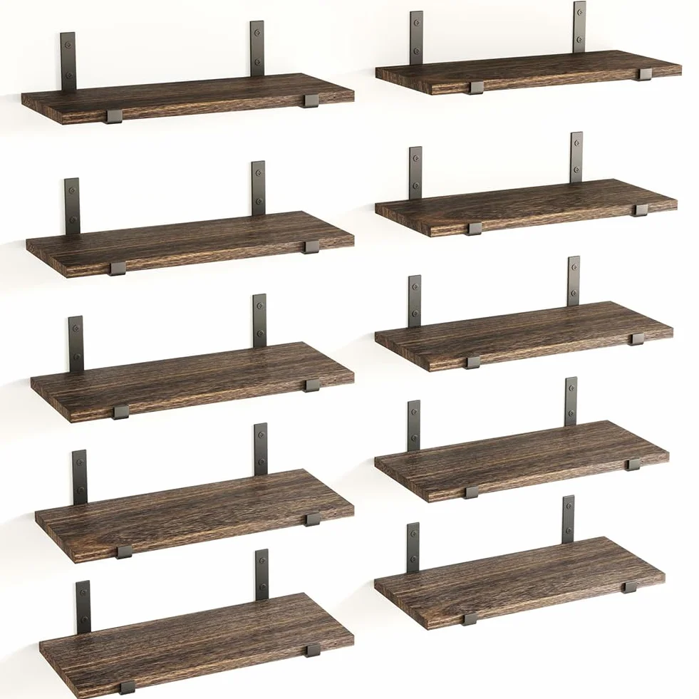 BAKAJI Set 10 Mensole galleggianti da Parete in Legno, Scaffali a Muro Multiuso con Staffe in Metallo, ideali per Camera da Letto, Soggiorno, Cucina, Bagno, Libreria, Salvaspazio, 40 x 15 cm (Rovere)
