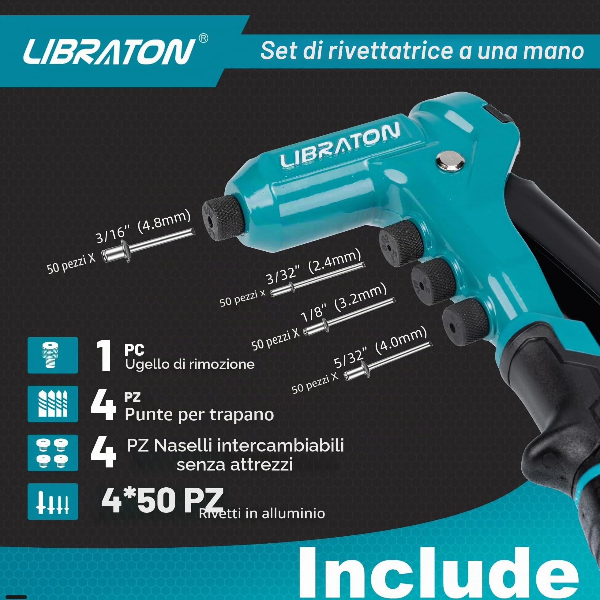 LIBRATON Rivettatrice Manuale Professionale con 200 Rivetti in Alluminio 4 Punte 4 Teste 2,4-4,8mm