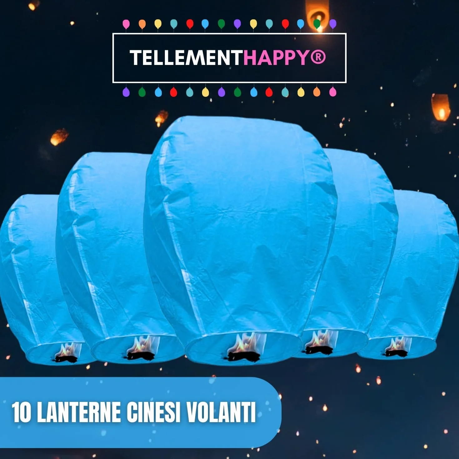 TellementHappyTM lanterna cinese volante, colorata, in carta 100% biodegradabile, qualità superiore, dimensioni: 90 x 60 cm. Ideale per eventi, matrimoni, feste, Capodanno; confezione da 10 pezzi. blu