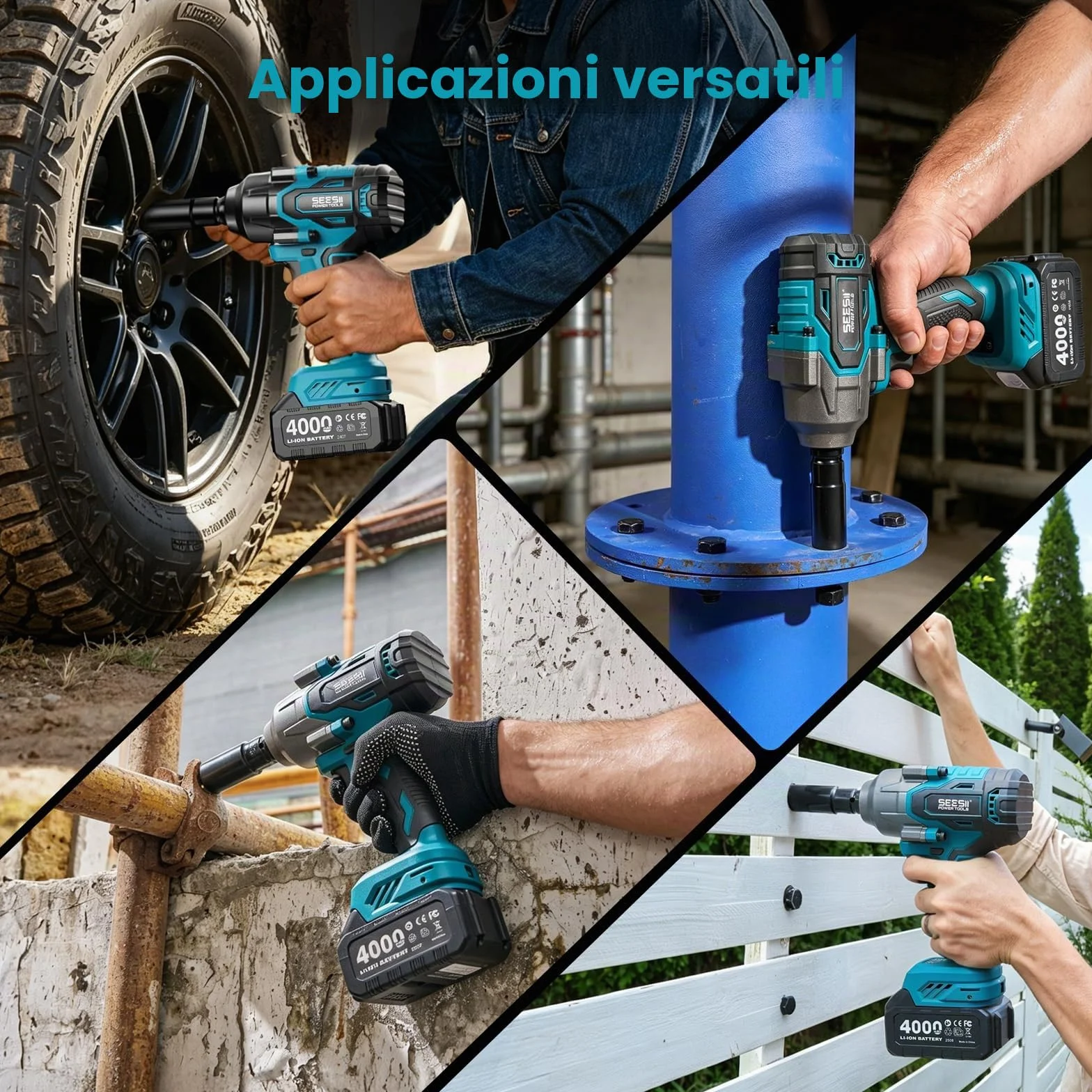 Seesii 1200 N·m Avvitatore a Impulsi 1/2" Elettrico Brushless 2 Batterie 4000 mAh con 5 Bussole