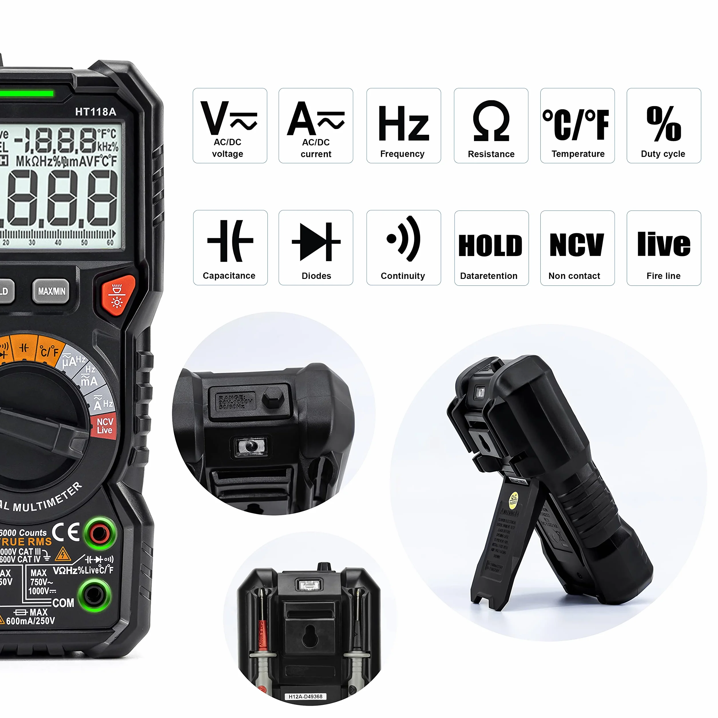 Multimetro digitale professionale automatico, TRMS 6000 Conti (prompt jack LED), Tester Elettrico, Tensione / Corrente / Resistenza / Capacità / Temperatura / Frequenza - KAIWEETS