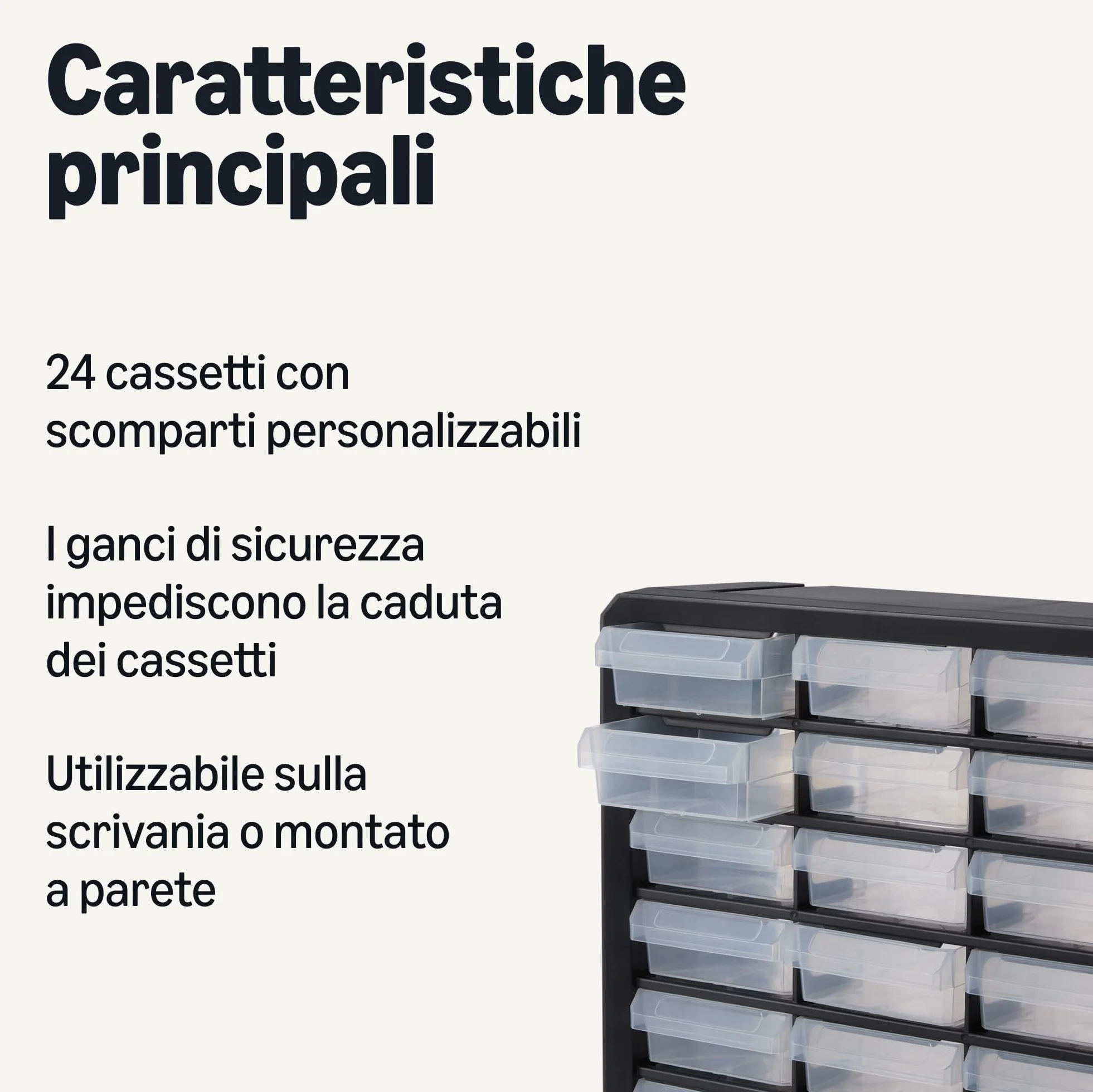 Amazon Basics Cassettiera Portaminuteria, Organizzatore in Plastica 24 Cassetti con Divisori per Ufficio/Attrezzi/Minuteria, Montabile a Parete, 16 x 54,1 x 40,1 cm, Nero