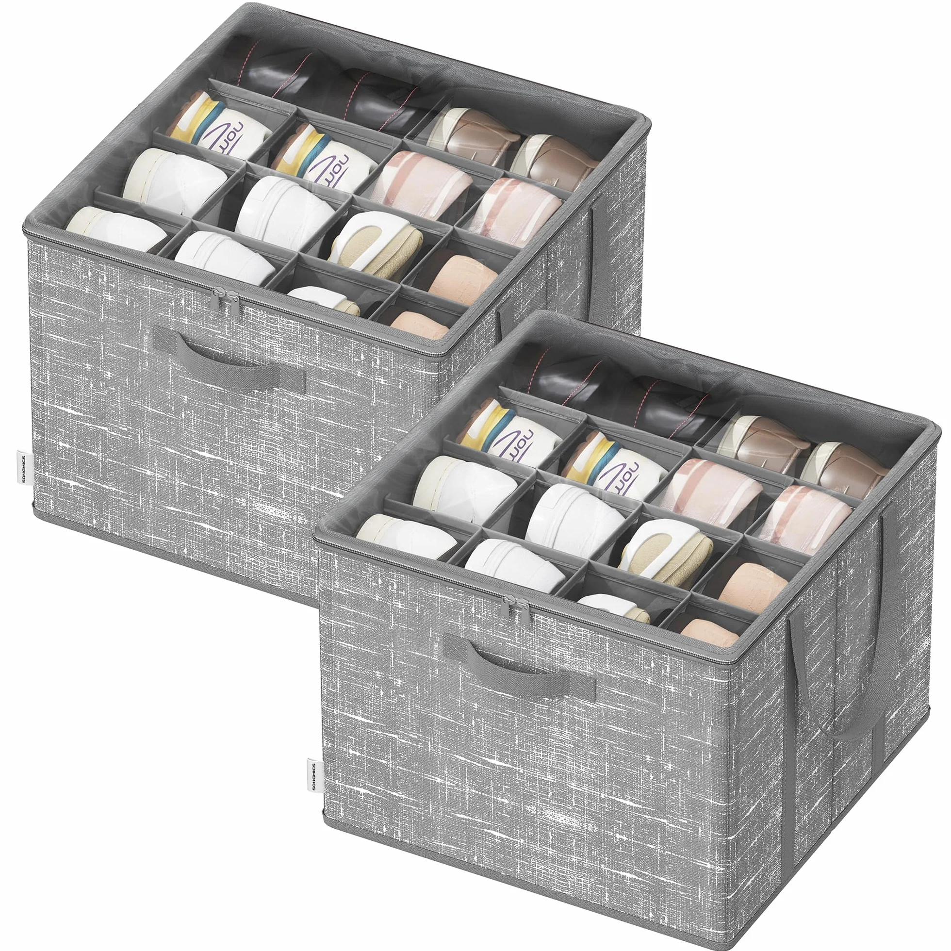SONGMICS Organizer Scarpe, Set di 2, Ciascuno per fino a 16 Paia, Scatole Contenitori Scarpe, Maniglie, Coperchio Trasparente, per Camera da Letto Ingresso Armadio, Grigio Giunco LSP602G01
