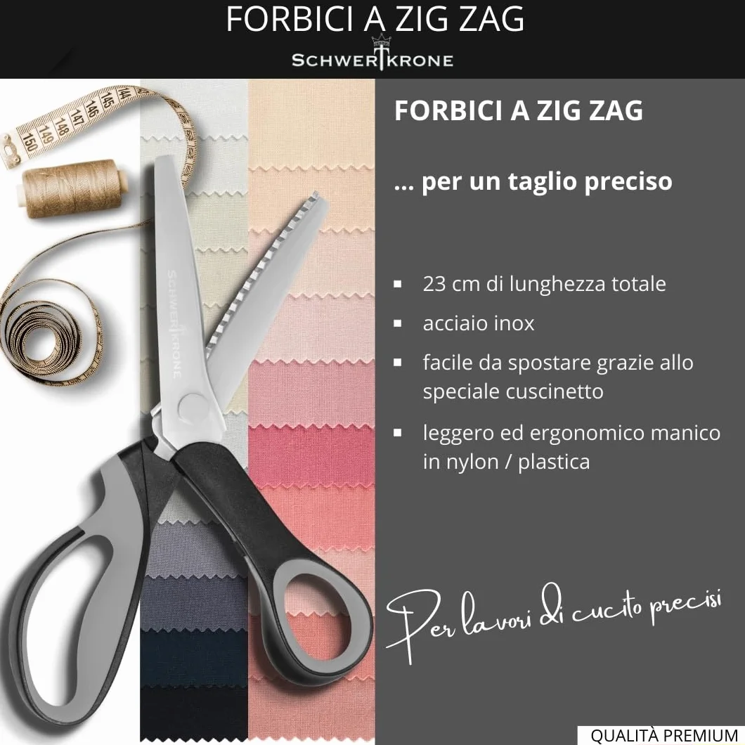 SCHWERTKRONE Forbici a Zig Zag per Tessuto Premium 23 cm - Acciaio Inox, Manici Ergonomici - Versatili per Bricolage e Tessuti - Forbice Sartoriale