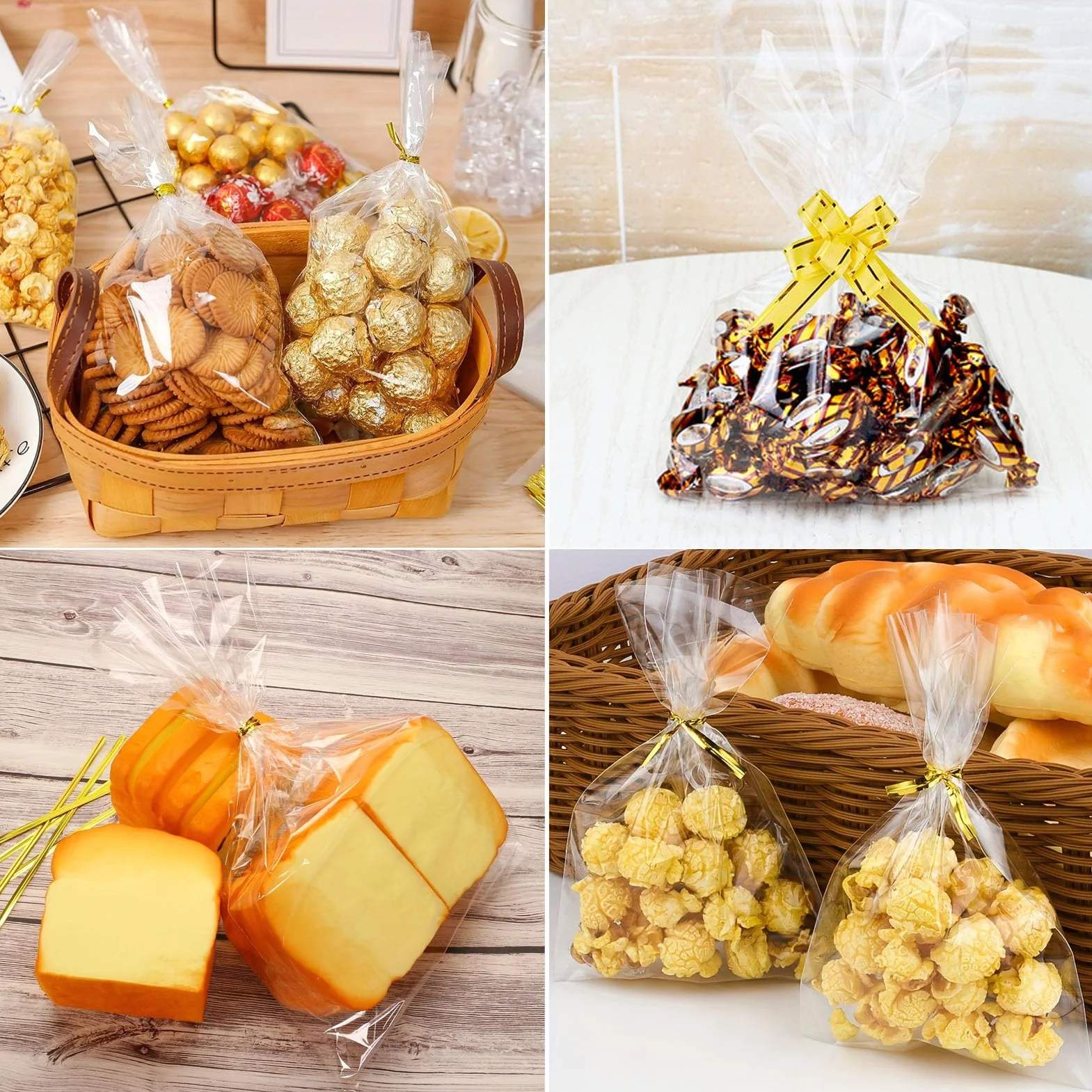 Sacchetti di Cellophane 100 Pezzi - Sacchetti Regalo Trasparenti di 2 Misure Con 100 Fiocchi di Colori Misti e Lacci per l'Imballaggio