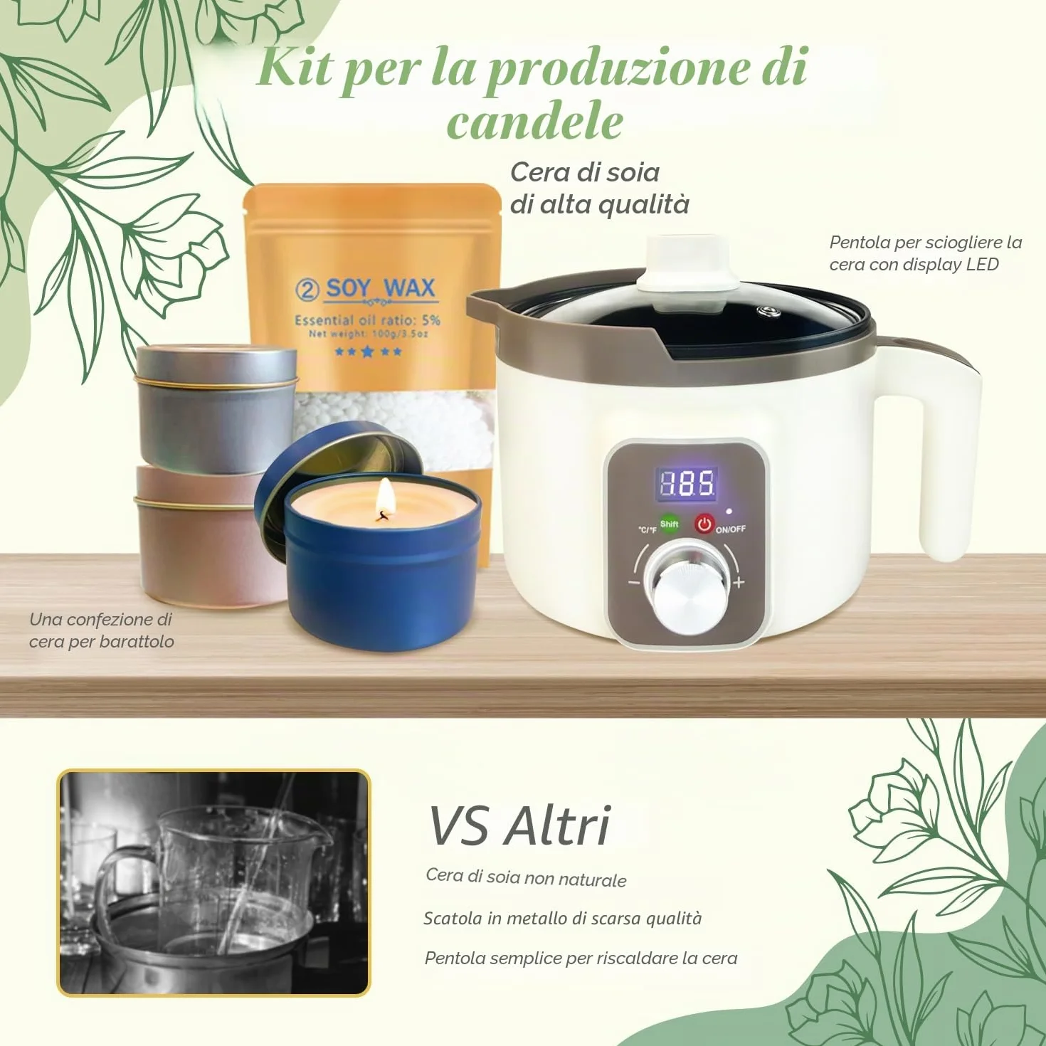 LINGQIAN Set per la creazione di candele fai da te, kit per la creazione di candele in cera di soia, fusore elettrico per cera con beccuccio, 12 barattoli per candele, 12 oli profumati