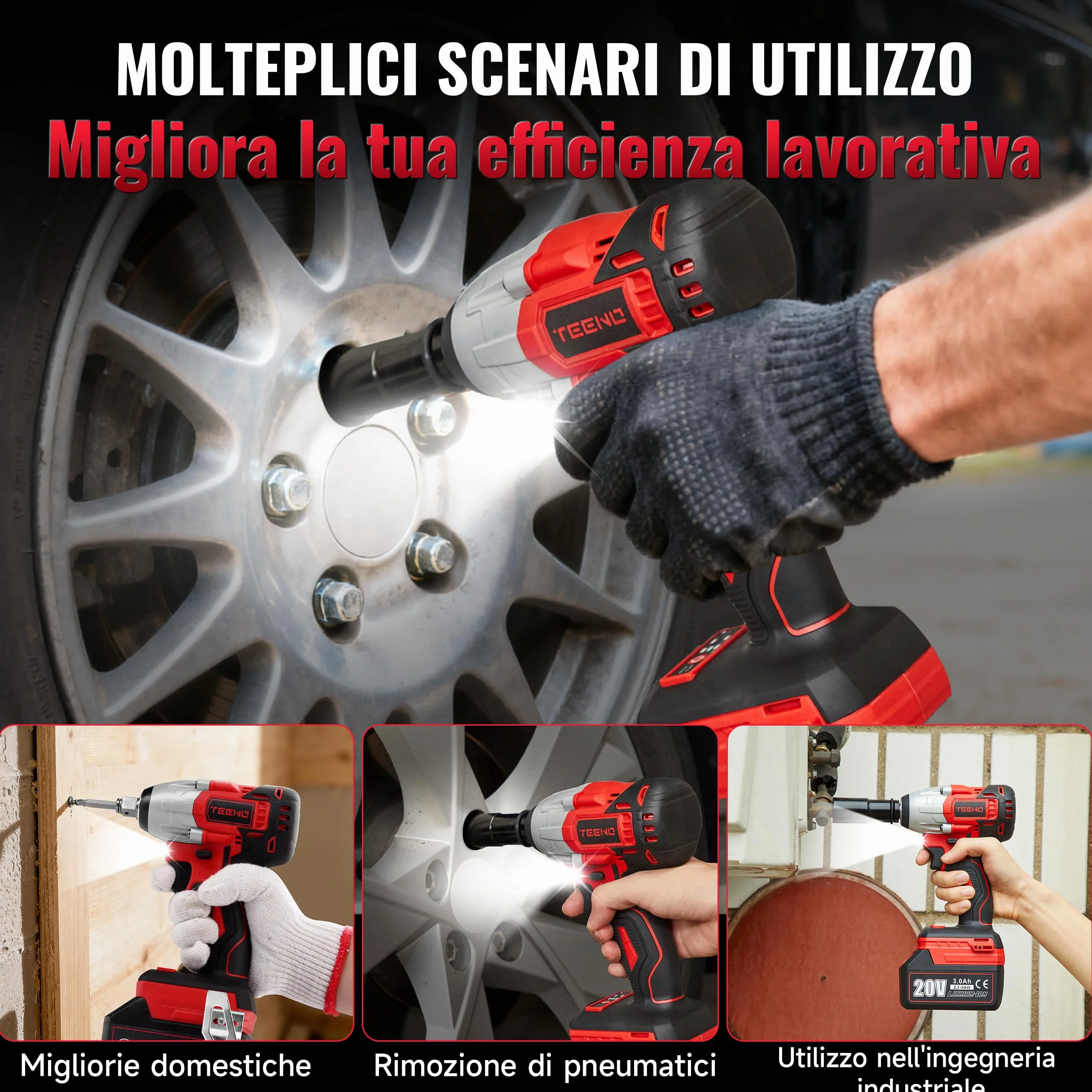 TEENO Chiave a percussione senza fili 320 Nm Bullonatrice a urto 3,0 Ah 25 accessori