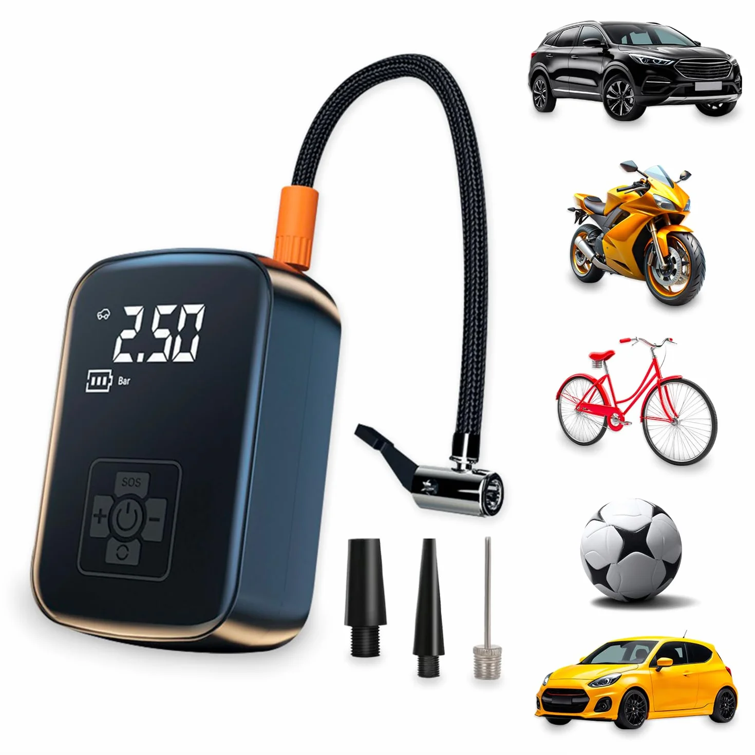 Compressore Aria Portatile Wireless - Mini Gonfiatore Elettrico Digitale per Auto, Moto, Bici e Palloni - Torcia LED e Spegnimento Automatico - Pompa Portatile Multifunzione con Display LCD