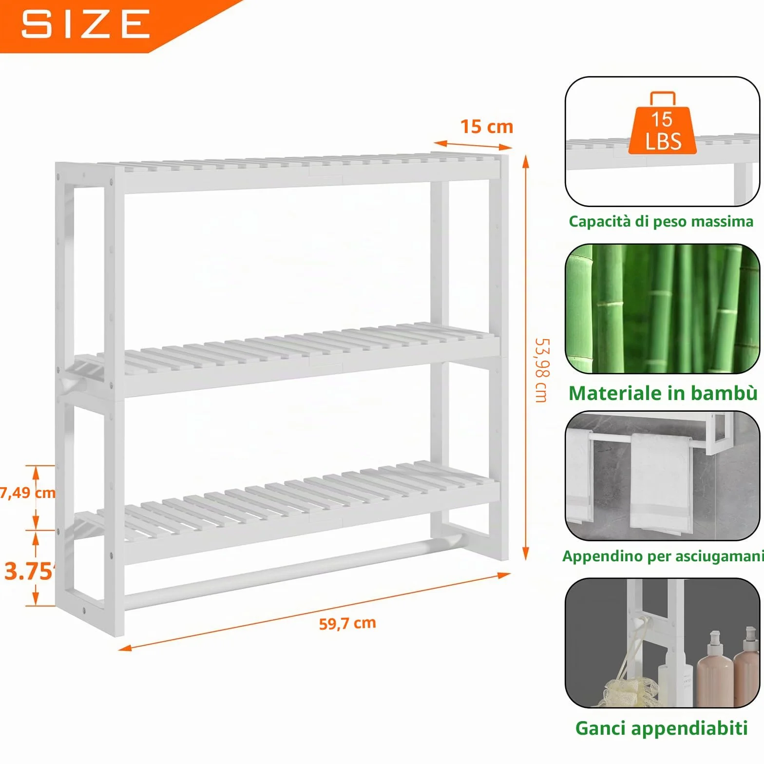 Mensola portaoggetti da bagno, 15 cm di profondità x 50 cm di larghezza x 53,2 cm di altezza, 3 livelli regolabili, montaggio a parete in bambù con barra, scaffale bianco, asta appendiabiti per bagno