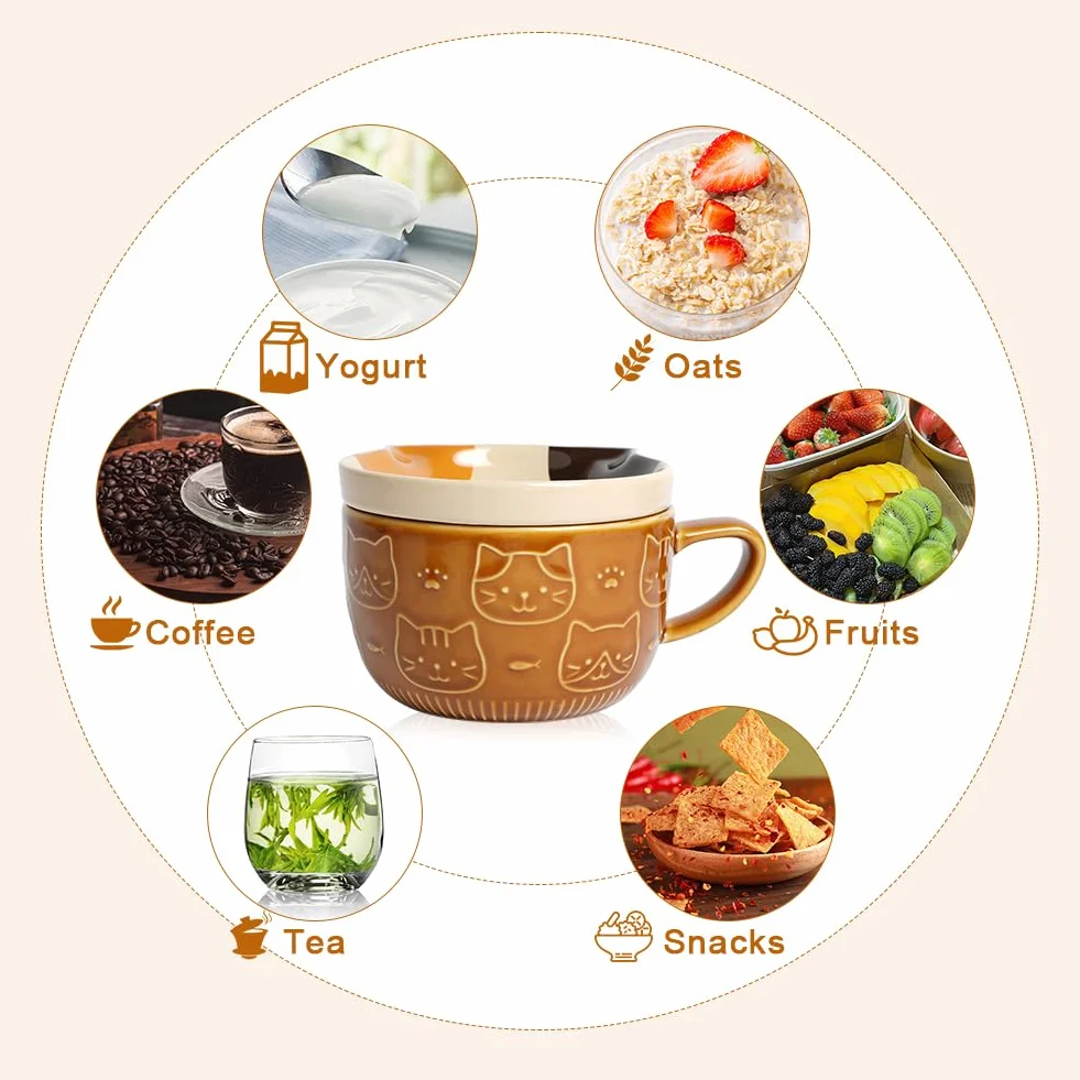 HOTUT Tazza Gatto Caffe Set Ceramica Kawaii, Set di Tazze da Caffè con Coperchi