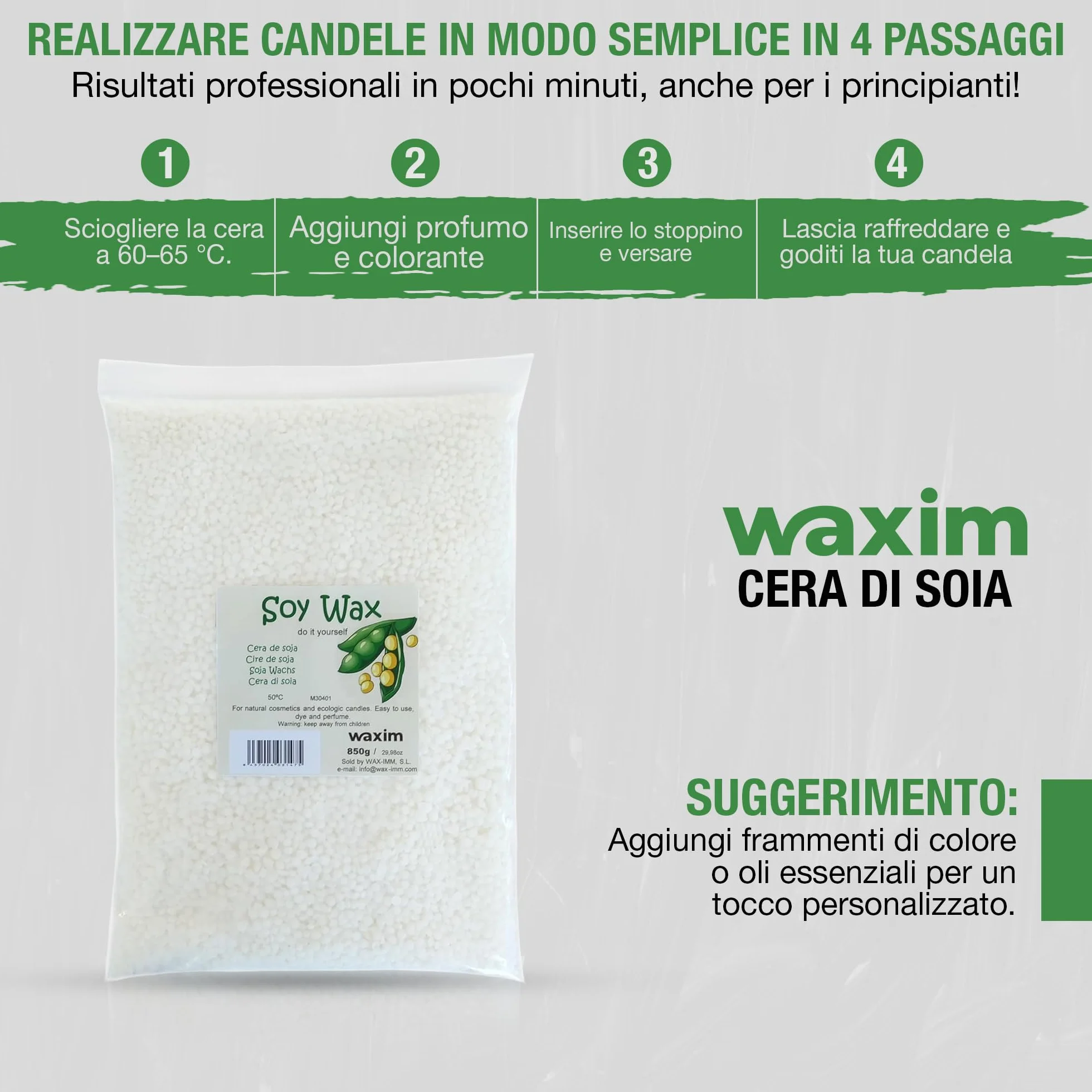 WAXIM Cera di Soia per Candele in Perle | Soy Wax Naturale per Fare Candele Fai da Te 850 g | Base Vegetale per Contenitori | Cera per Candele Fai da Te, Fusione Uniforme e Combustione Pulita