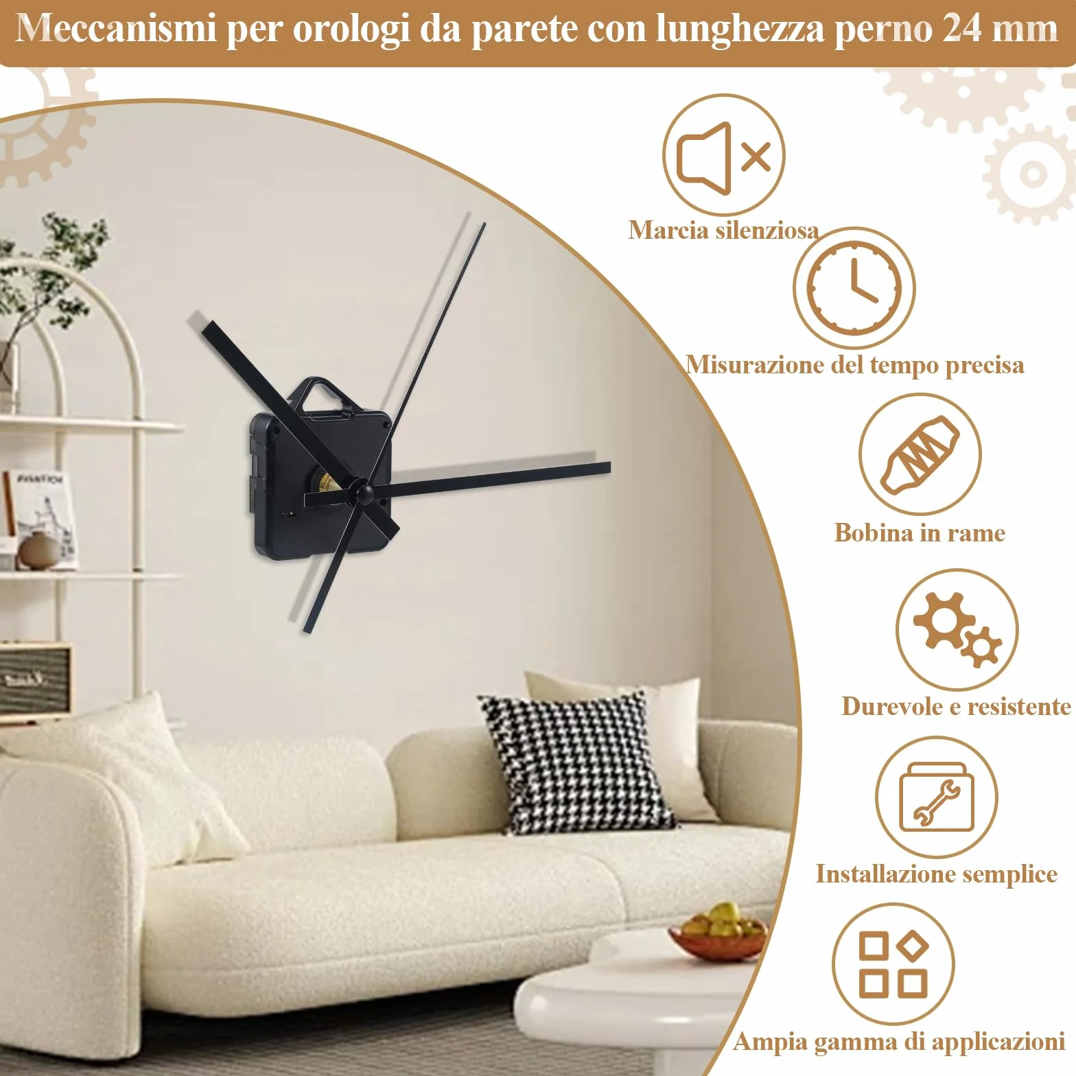 LUSEE Movimento Meccanismo Orologio da Parete con 1 Set di Lancette Orologio per Parti Riparazione dell'Orologio Parete Sostituzione (Lunghezza dell'asse: 24 mm / 0,94 Pollici)