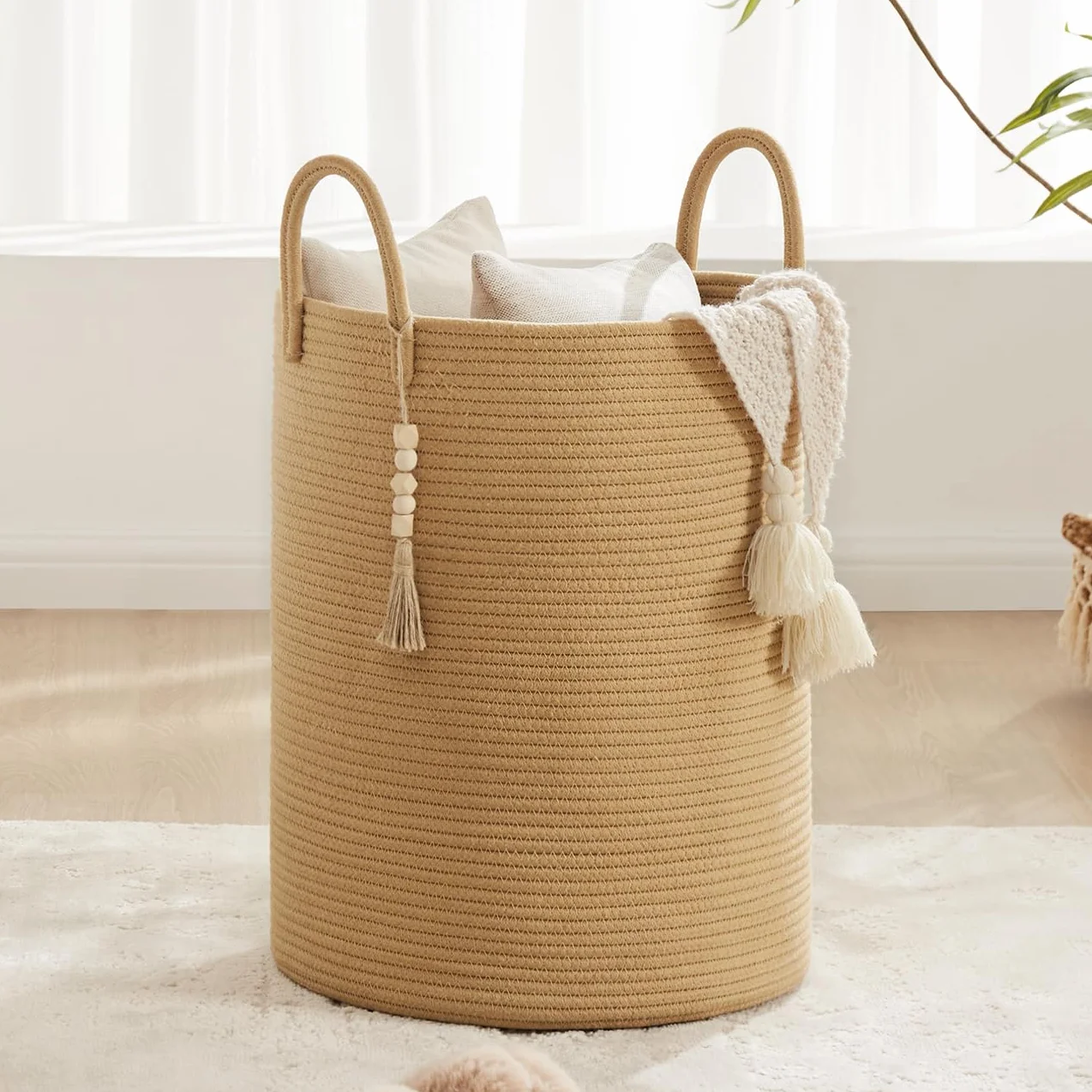 YOUDENOVA Cesto Portabiancheria Intrecciato per Giocattoli,Cesto Biancheria Sporca con Maniglia Cotone, Cesta Decorativa per Vestiti 58L marrone puro