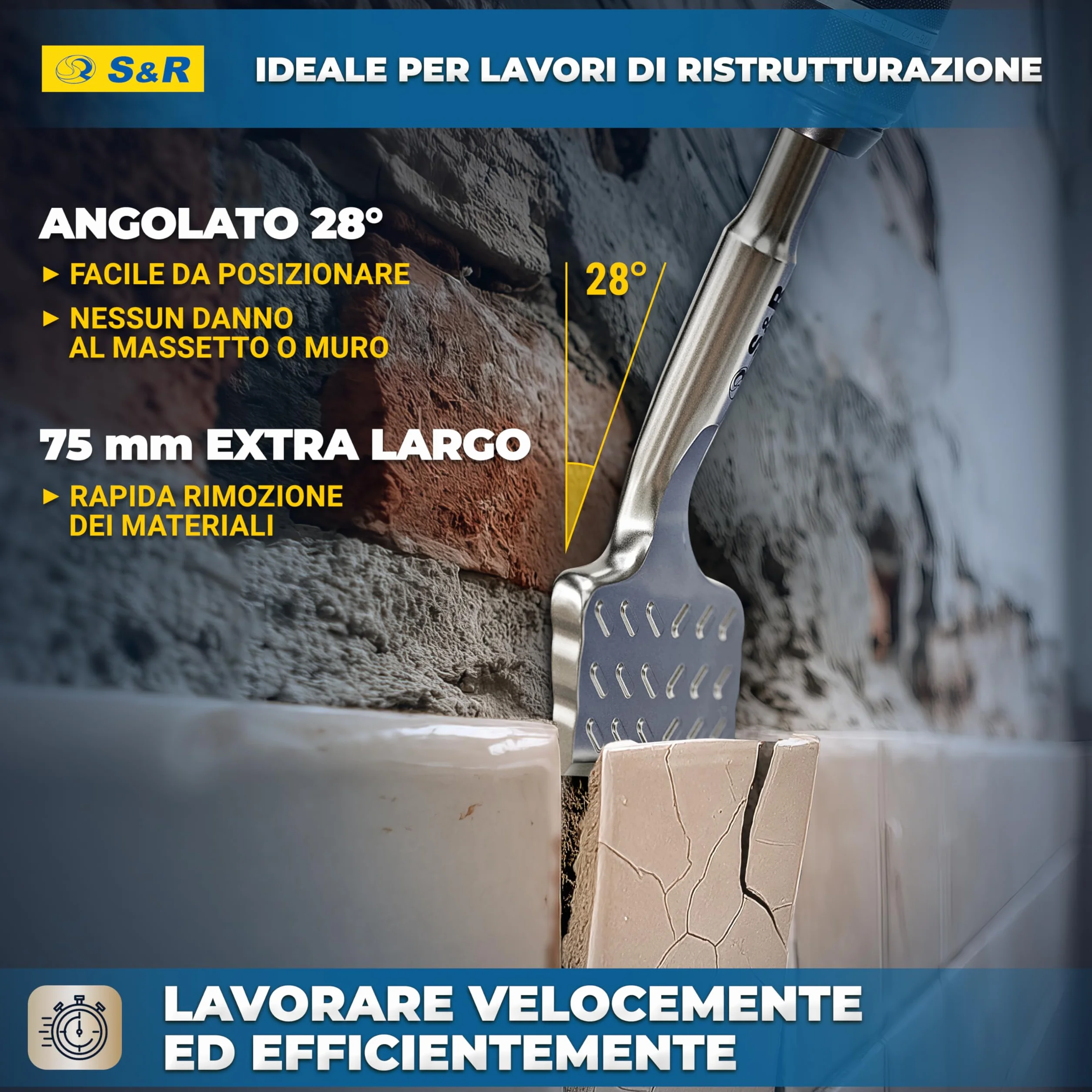 S&R Scalpello SDS-plus Angolato Piastrelle/Muro 180/165x75mm, MADE IN GERMANY Spatola Curva. Qualità Industriale.