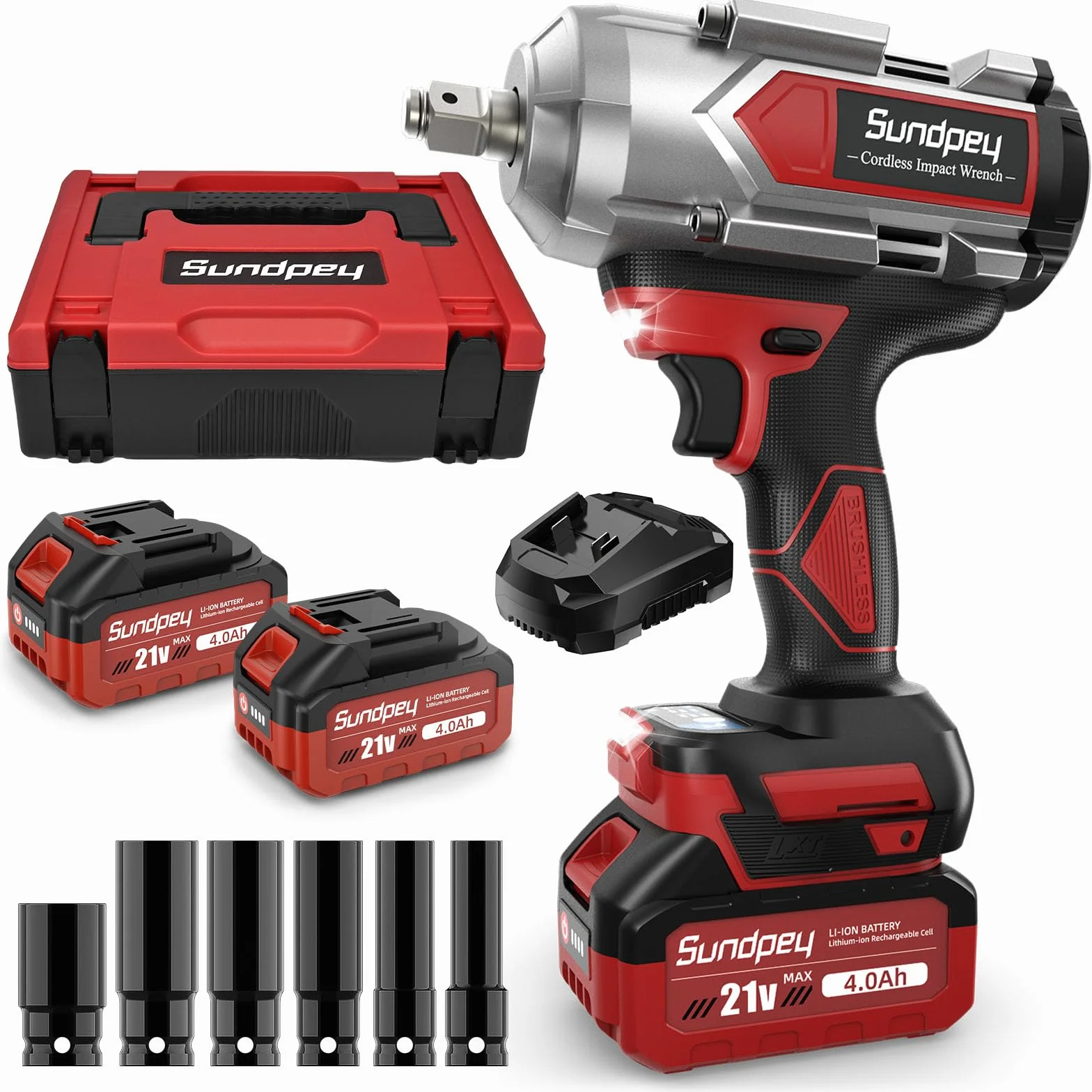 Avvitatore ad Impulsi a Batteria 1200 Nm 1/2" con 2 Batterie 4.0Ah, 6 Bussoli per Auto, Cantiere, Camion