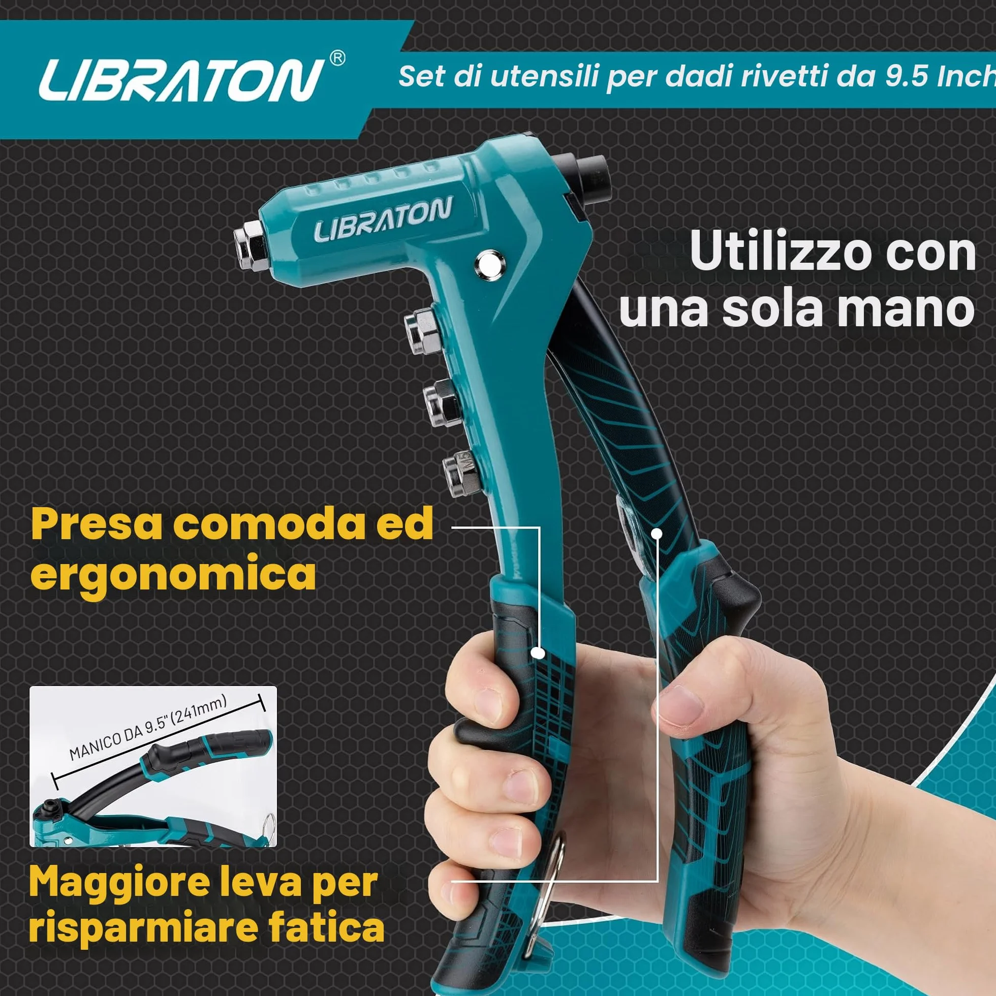Libraton Dado Rivettatrice Professionale 9,5", Pistola Rivetti Inserti Filettati, Pinza Manuale Rivetti Dadi, 40pz Dadi M3 M4 M5 M6