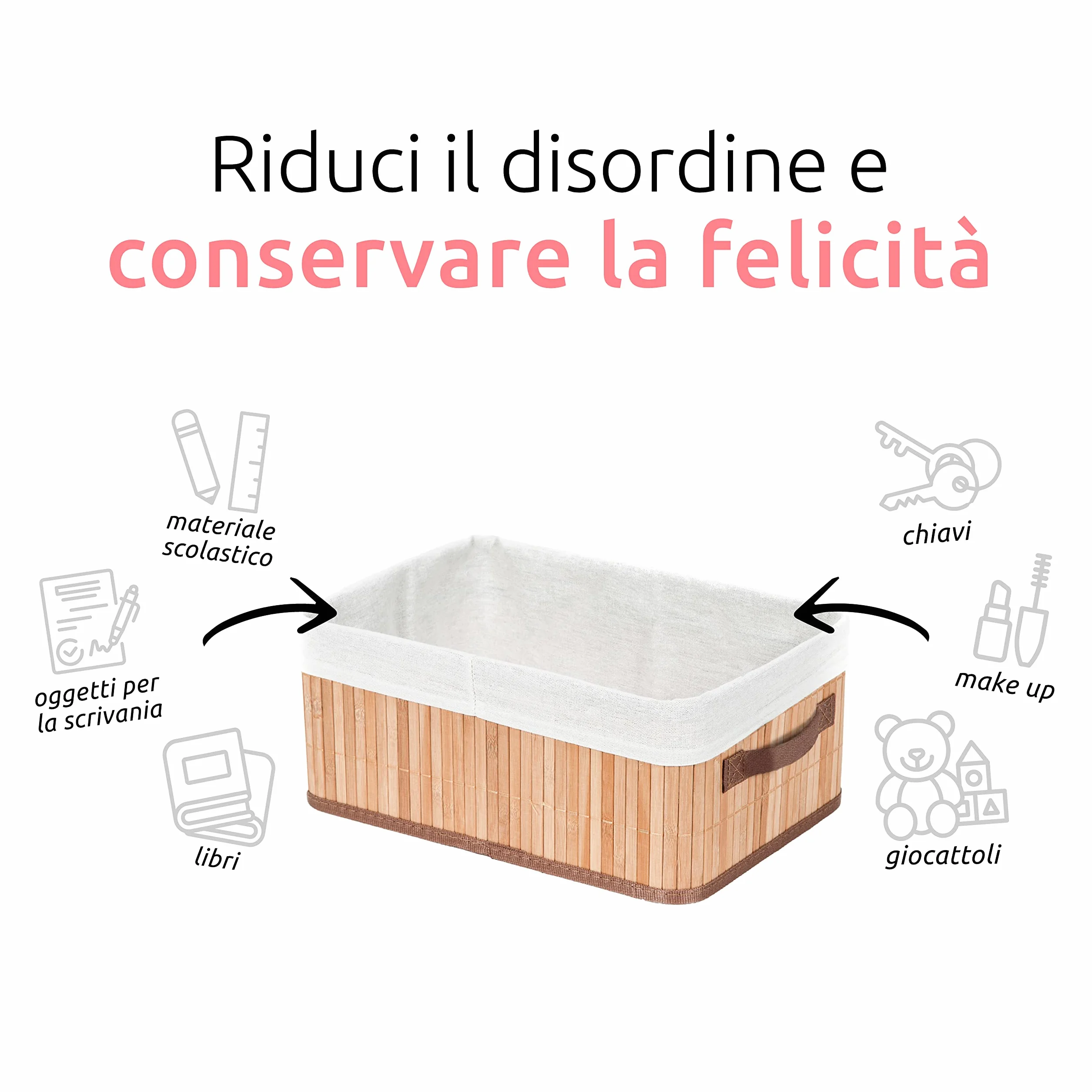 Compactor JOEY Cesto BAMBOO M, 35x25x15 cm, Naturale in Bambù e Policotone con Fodera Rimovibile