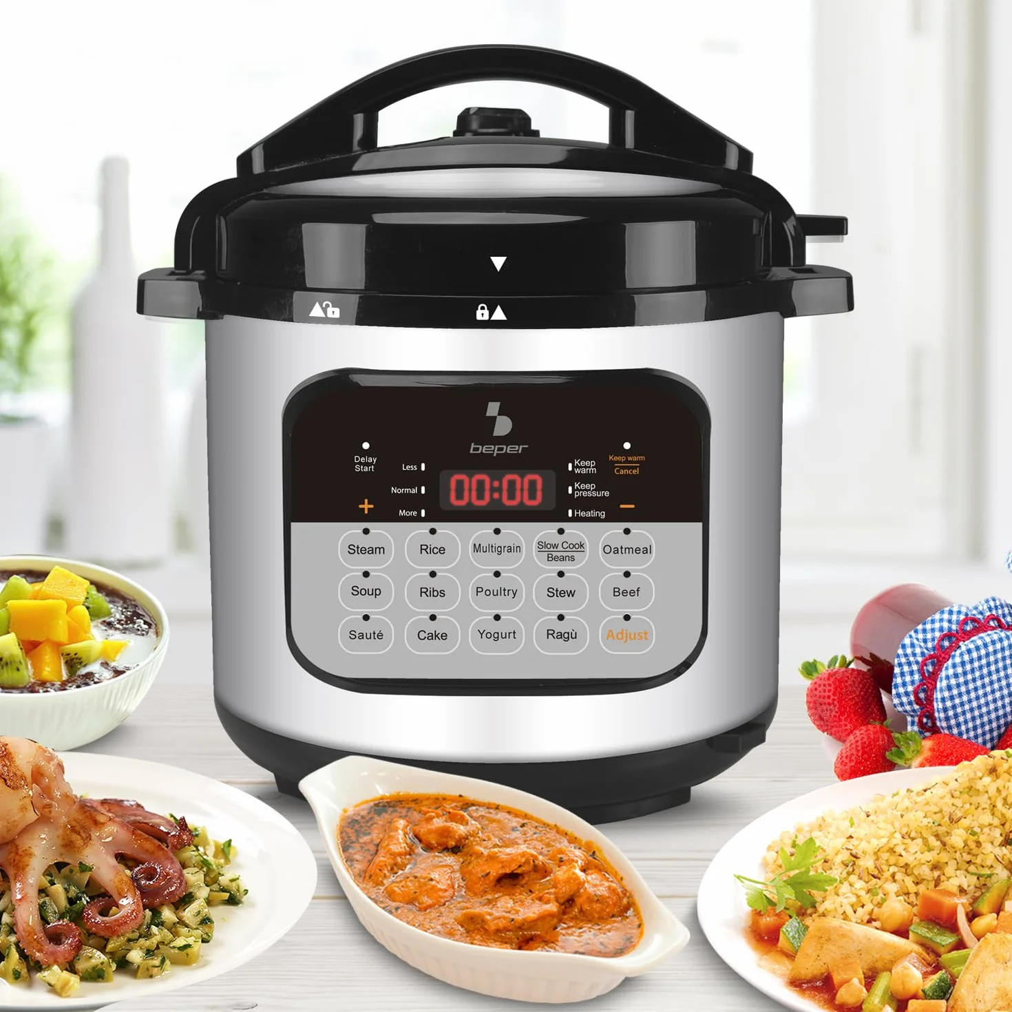 BEPER P101COS002 Pentola Multicooker a Pressione 6 Litri,15 Programmi di Cottura, Slow Cooker, Timer 24h, 3 Livelli di Pressione, Funzione Mantenimento Caldo, 10 Sistemi di Sicurezza,1000W