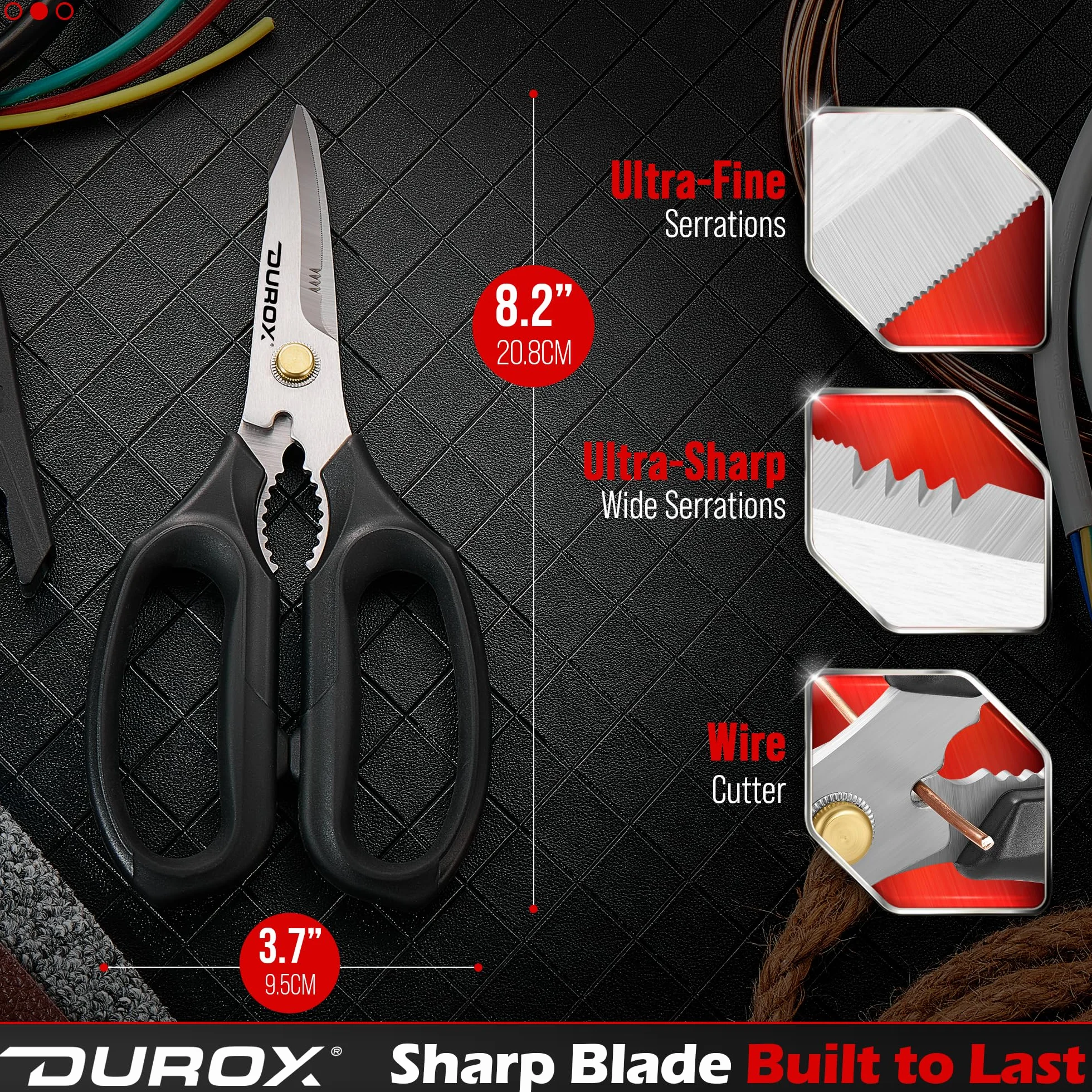 DUROX - Forbici Resistenti, Cesoie per Tappeti, Pelle e Cartone, Forbici Multiuso per Uso Professionale e Domestico, Lame in Acciaio Inox con Cappuccio Protettivo