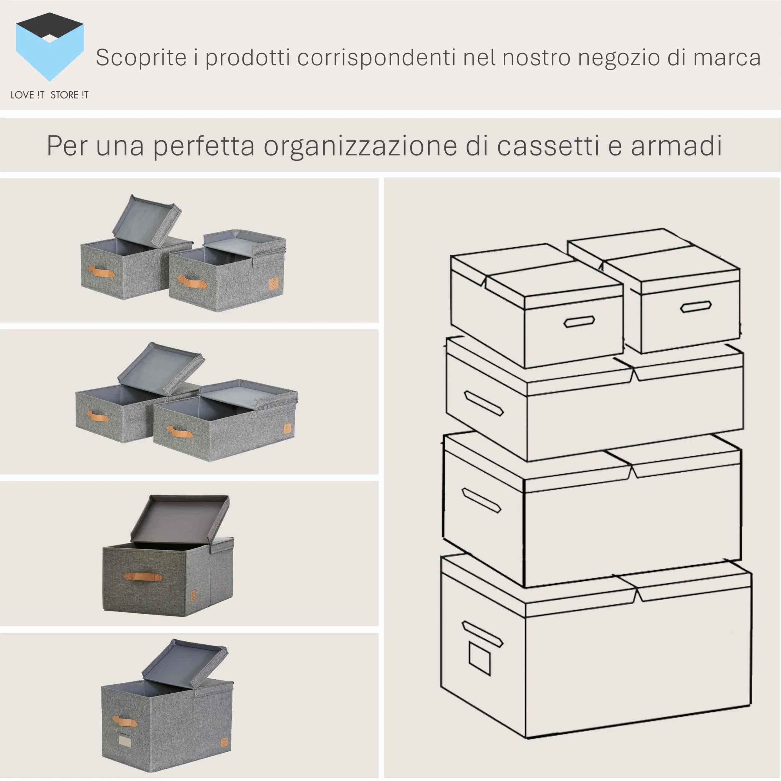 LOVE IT STORE IT Premium Scatola Portaoggetti con Coperchio - Scatole Tessuto di Lino - Rinforzata con Legno - Contenitore Grande Grigio 33x50x24 cm