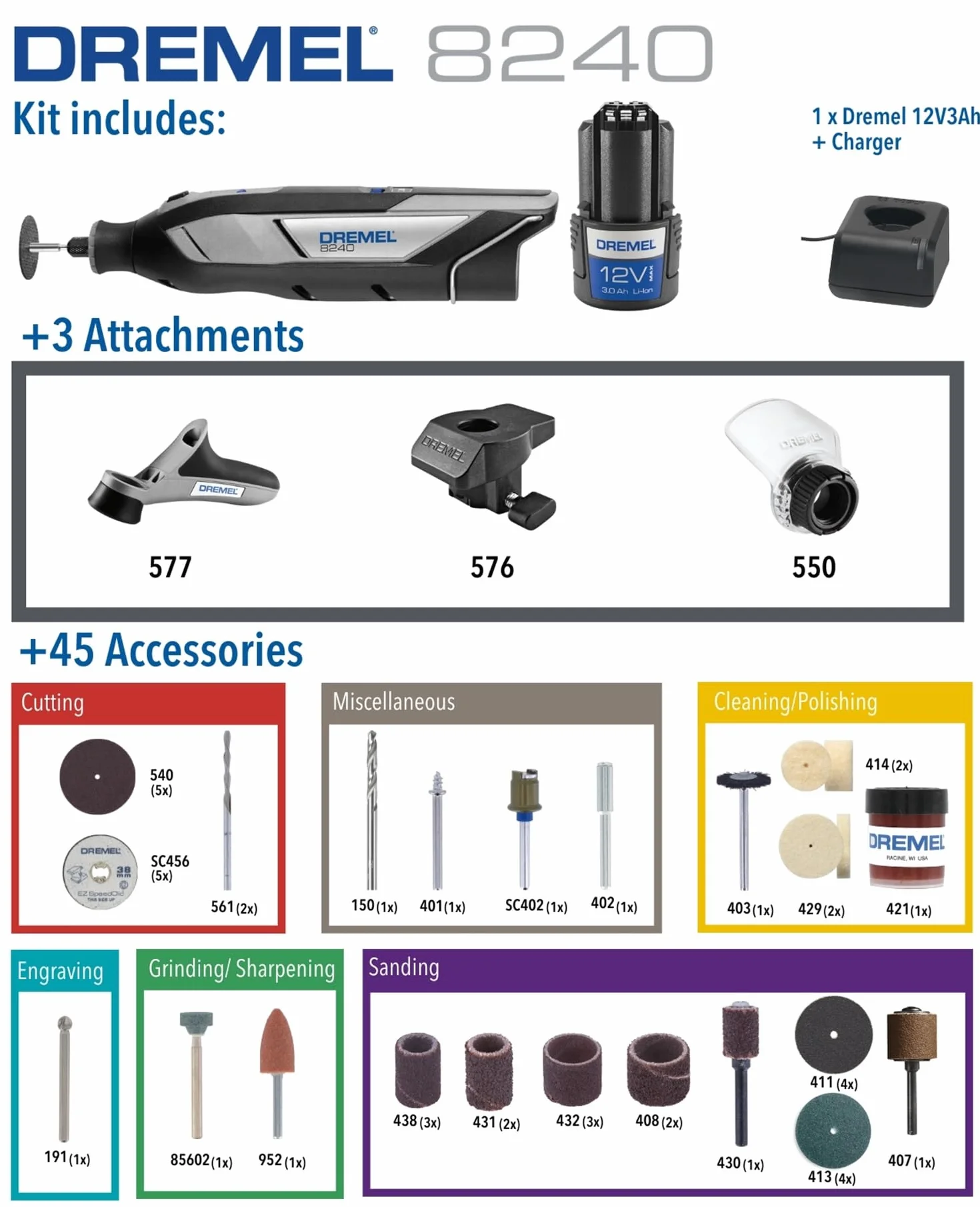 Dremel 8240 Multiutensile a batteria al litio 12V 2Ah Utensile rotativo 45 accessori