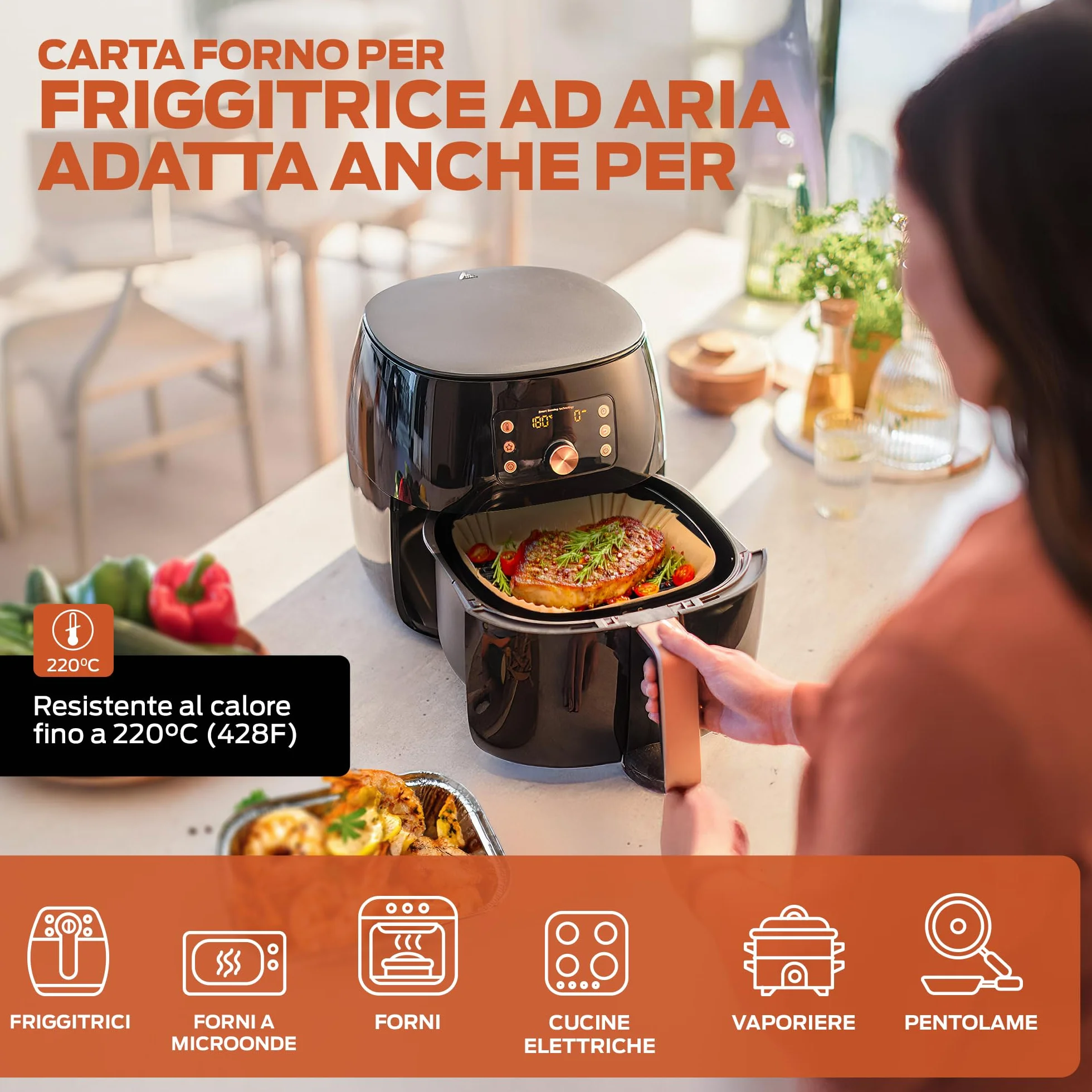 PORTENTUM Carta forno per friggitrice ad aria 100 unità quadrate 20–24 cm 5–8 L BPA Free