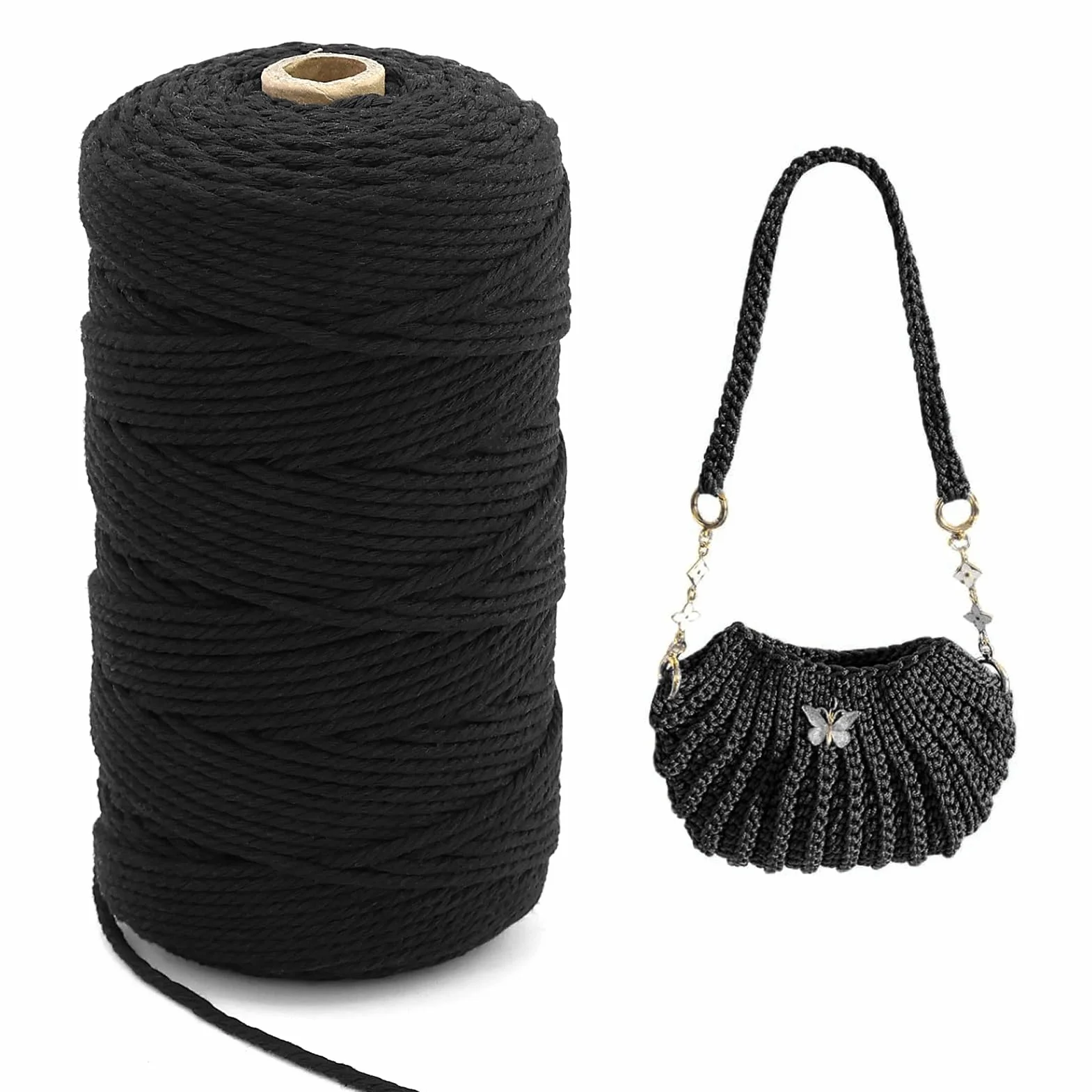 1 Rotolo Macrame Corda Cotone Nero,Corda Macrame 3mm x 200m Corda in Poliestere,Filo Macrame Natural Cordoncino,Corda Nero Macramè Filo,per decorazioni, applicazioni