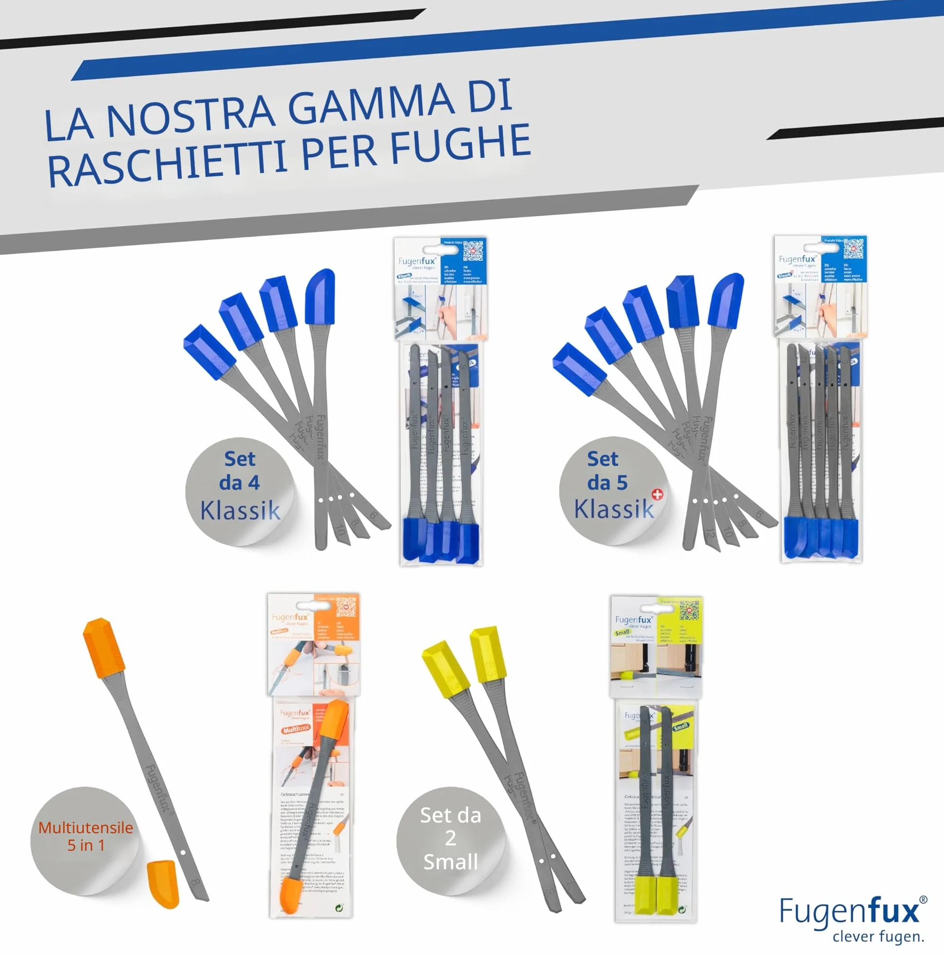 FUGENFUX® - Set di 5 raschietti per fughe con rivoluzionaria punta magica per punti estremamente stretti, 5 testine speciali ottimizzate, Made in Germany, per tutti i sigillanti