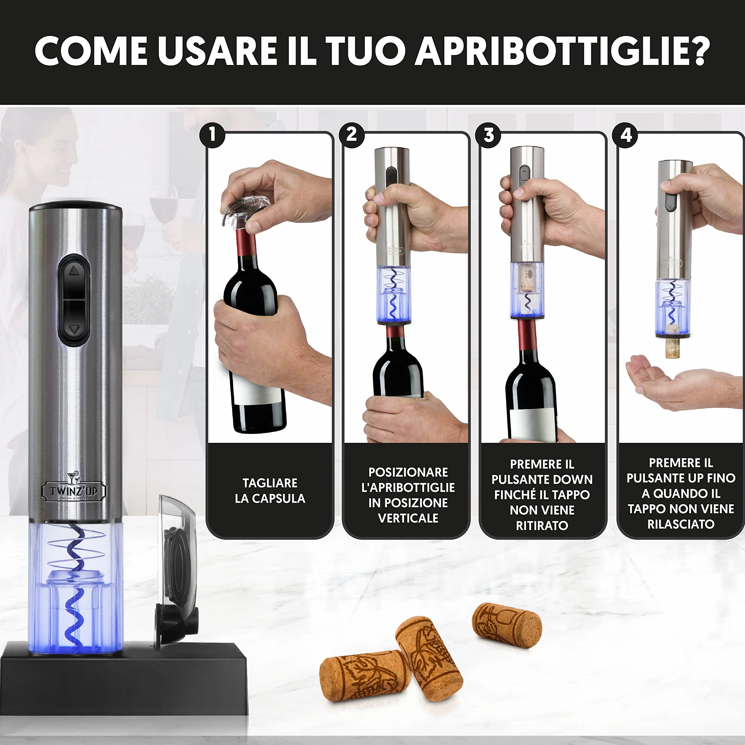 Twinz'Up Cavatappi Elettrico per Vino, Idee Regalo Uomo Compleanno - Apribottiglie Elettrico Ricaricabile (Base di Ricarica) con Taglia-Capsule